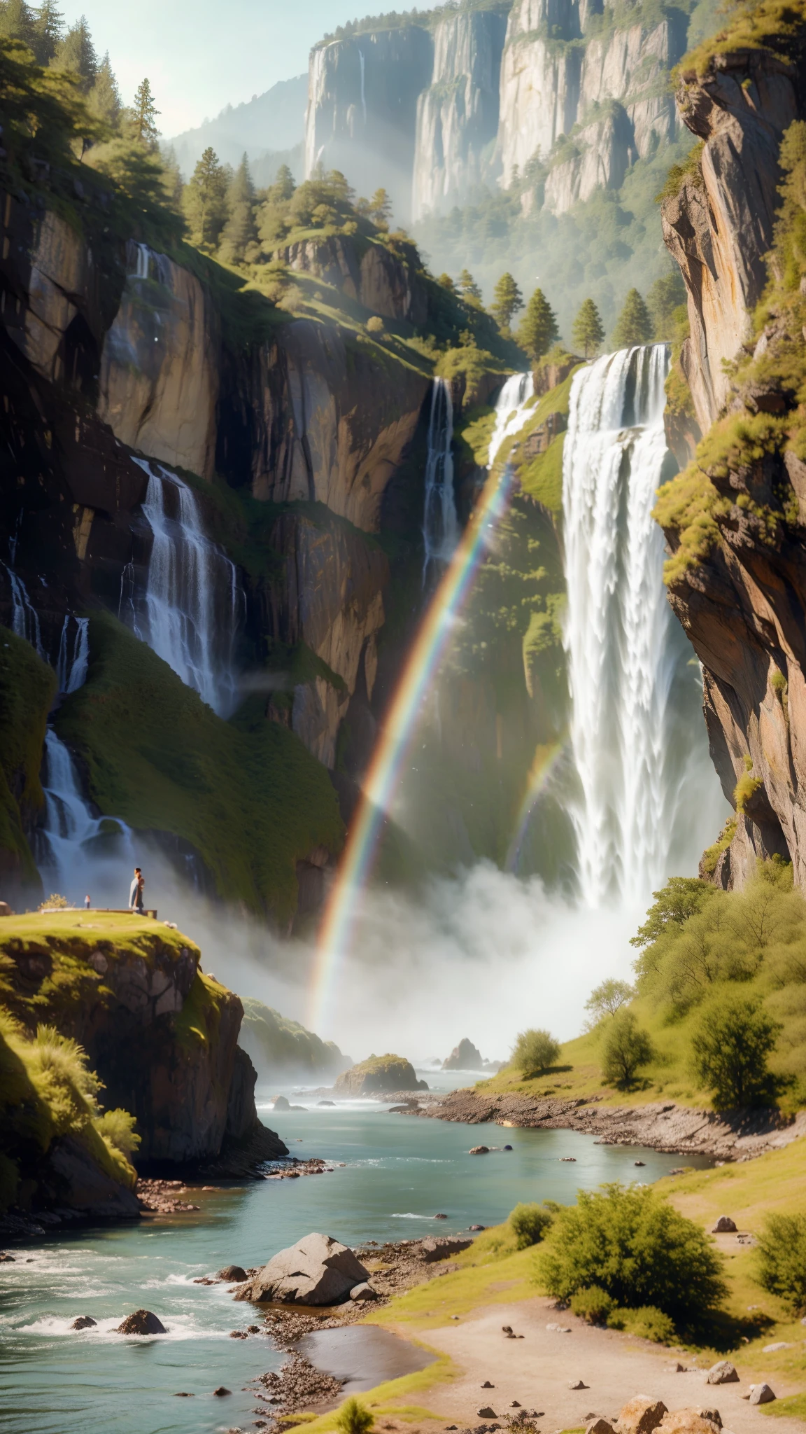 Aerial viewing angle，shrouded in mist，A huge waterfall on a towering mountain，Rising water vapor，rainbow，Sun glare spots，Realistic ray tracing，True light reflection，Real light refraction，Super fine，Super realistic，Super dreamy，Extreme portrayal，8k，masterpiece，