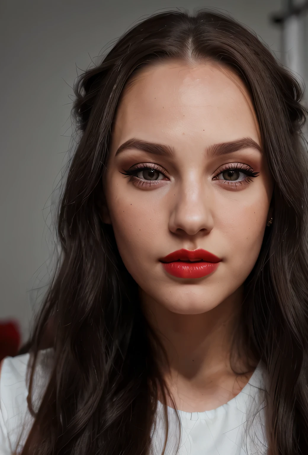 girl,forehead,grey eyes,lips,long hair,full face,I look at the viewer,Compose,nose,portrait,Realistic,red lips,Raw-Photo,8K,Realistic skin details,Realistic hair details,Perfect skin,8K uhd,SLR camera,high quality