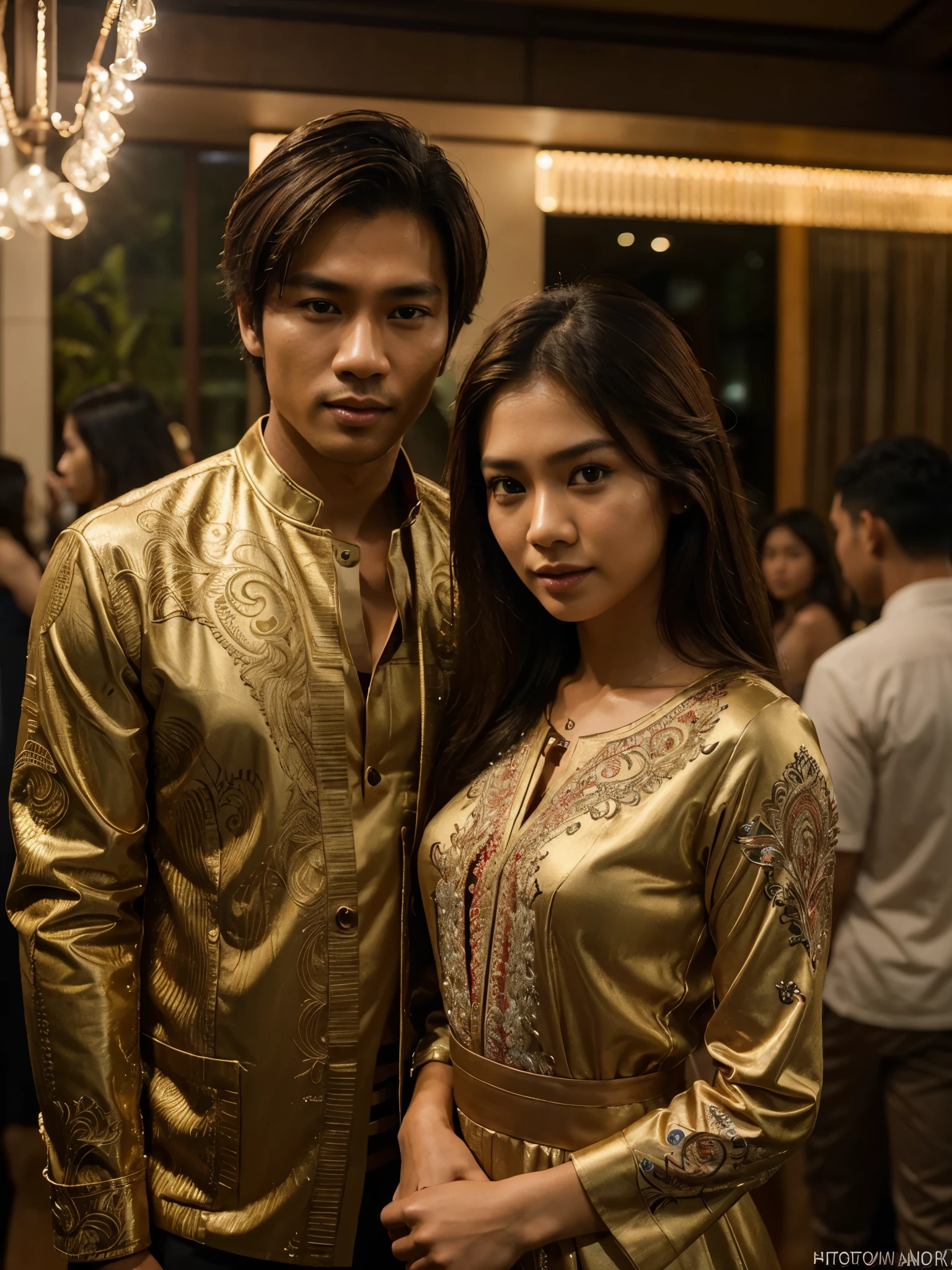A handsome Indonesian man is taking a photo together with a beautiful 22 year old brown haired Indonesian artist woman posing attending a night party, best quality, realistic, photorealistic, (intricate detail: 1.2), (fine detail), (cinematic light), lines clear, sharp focus, realistic face, detailed face, unity 8k wallpaper, very high resolution, (photorealistic: 1.4), He is looking at the viewer