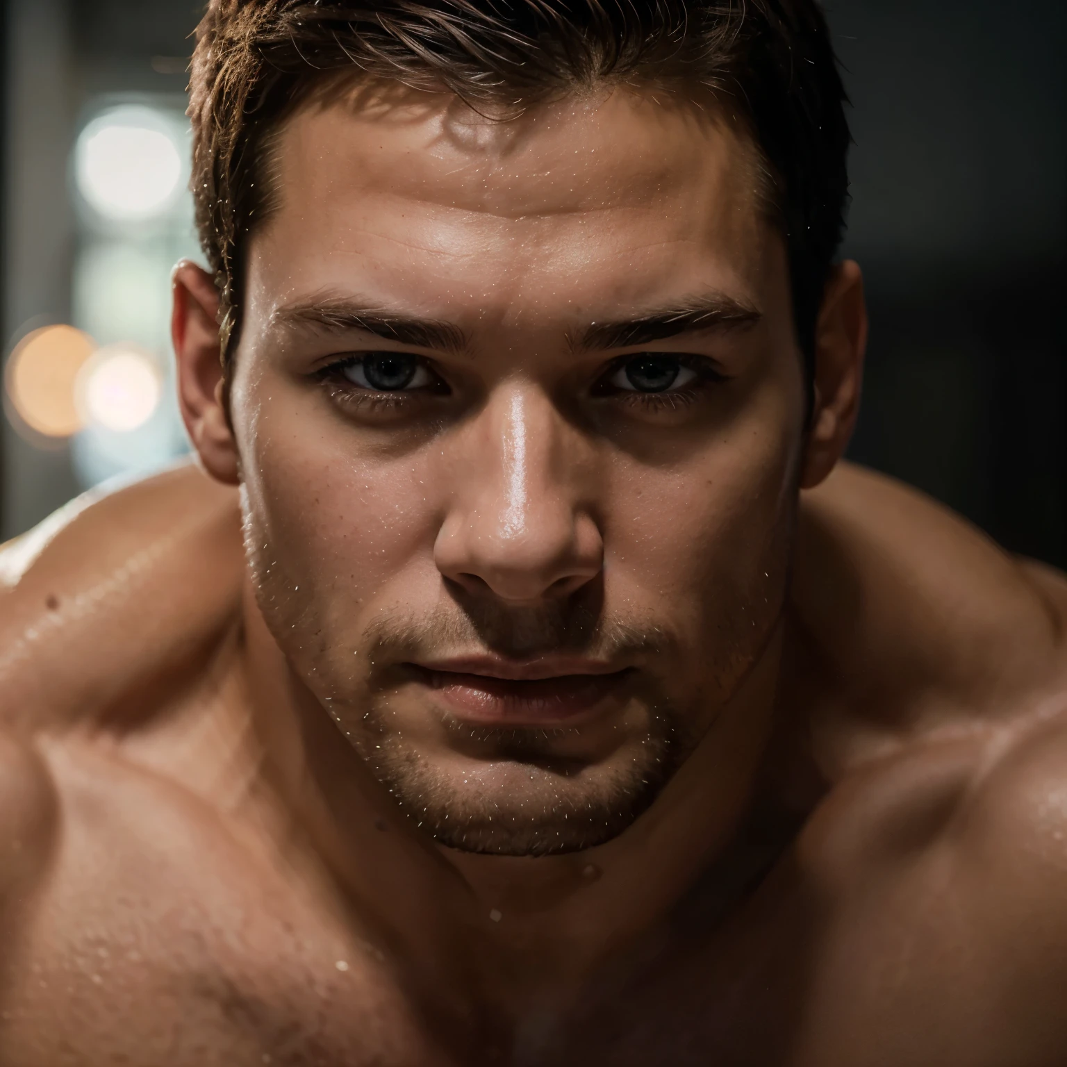 handsome muscular man who looks like Chris Redfield of Resident Evil, mischievous smile, (small details: 1 in 1), natural muscles, higher quality, beautiful eye, (Detailed face and eyes), (face、: 1 of 2), noise, real pictures、... ...PSD, Sharp Focus, High Resolution 8k, Real & Professional Photography, 8K UHD, Soft Lighting, High Quality, Film Grain, FUJIFILM XT3