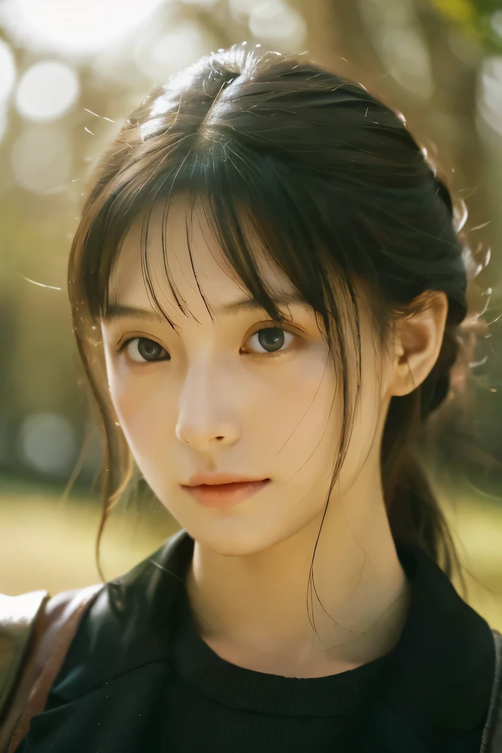 8k、High resolution、Beautiful woman of primitive times、young、white skin,、narrow eyes,high nose,lighting that illuminates the face、clear image、intellectual beauty、skinny、no makeup、The expression you show to your lover,shining hair、single eyelid,、vivid pose、looking at camera、relax on vacation、first inhabited country、Primeval forest、Hunting life、
