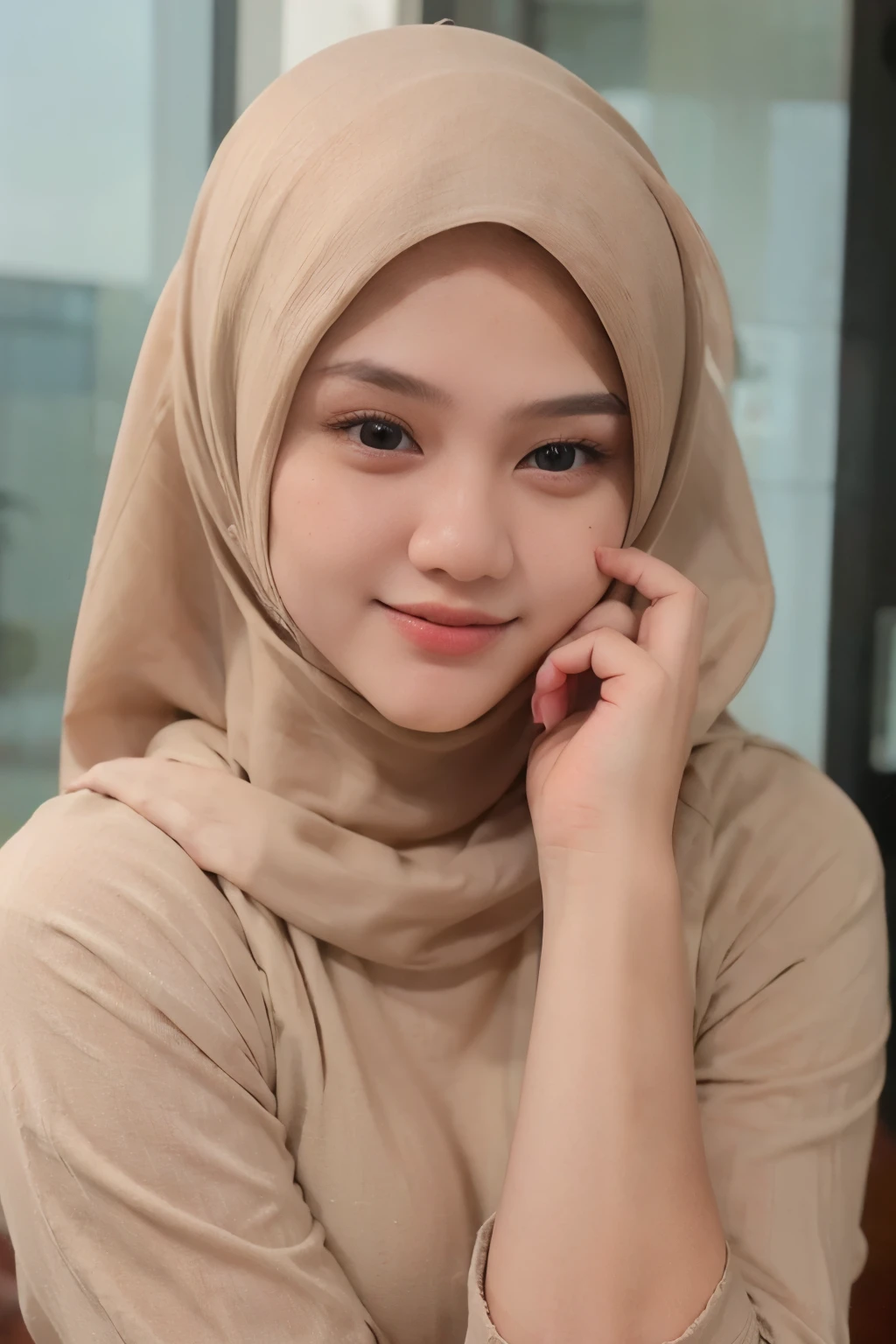 top-quality、​masterpiece、超A high resolution、(realisitic:1.4)、Beautuful Women１、Beautiful detail eyes and skin、smile、Light brown, She is Wearing muslim clothing and hijab , posing for a photo,  gorgeous chinese model, photo of slim girl model, IG-Modell, beautiful female model, 