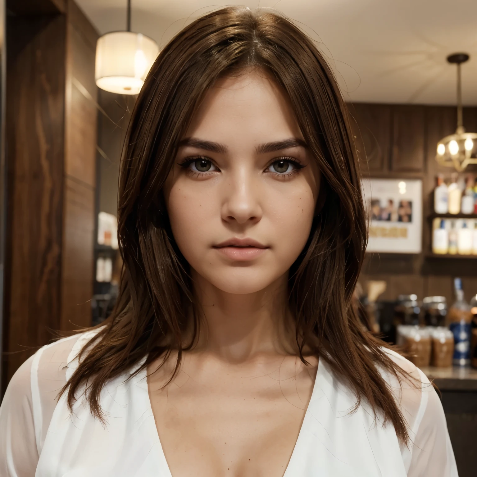 skin de fornite, light brown hair, ojos cafes, cabello medio largo , flequillo, lentes grises y delgados, o piel blanca, labios grandes