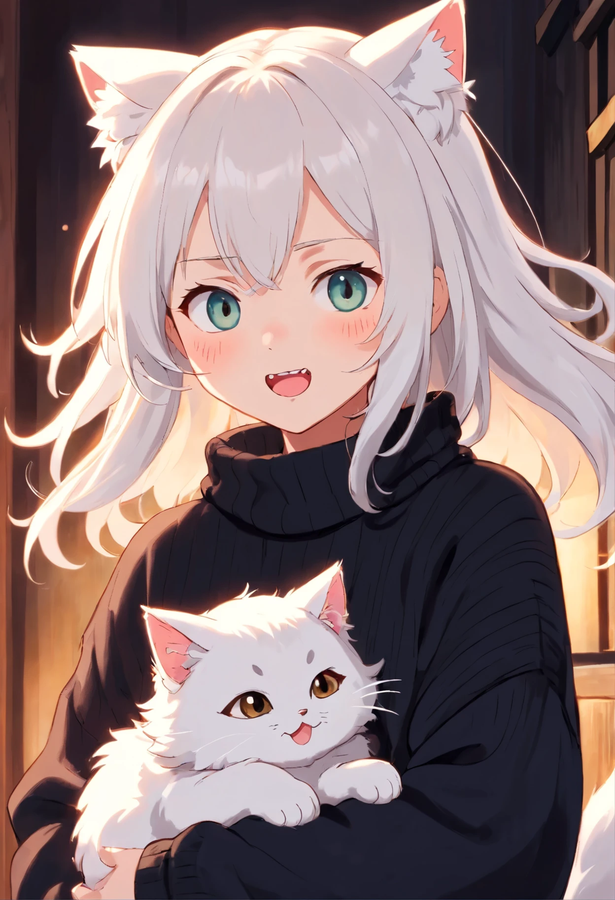 Soft, cute adult neko with puffy white hair wearing a loose fuzzy black sweater, adorable, has cat fangs and a blushy look on her face, OwO
