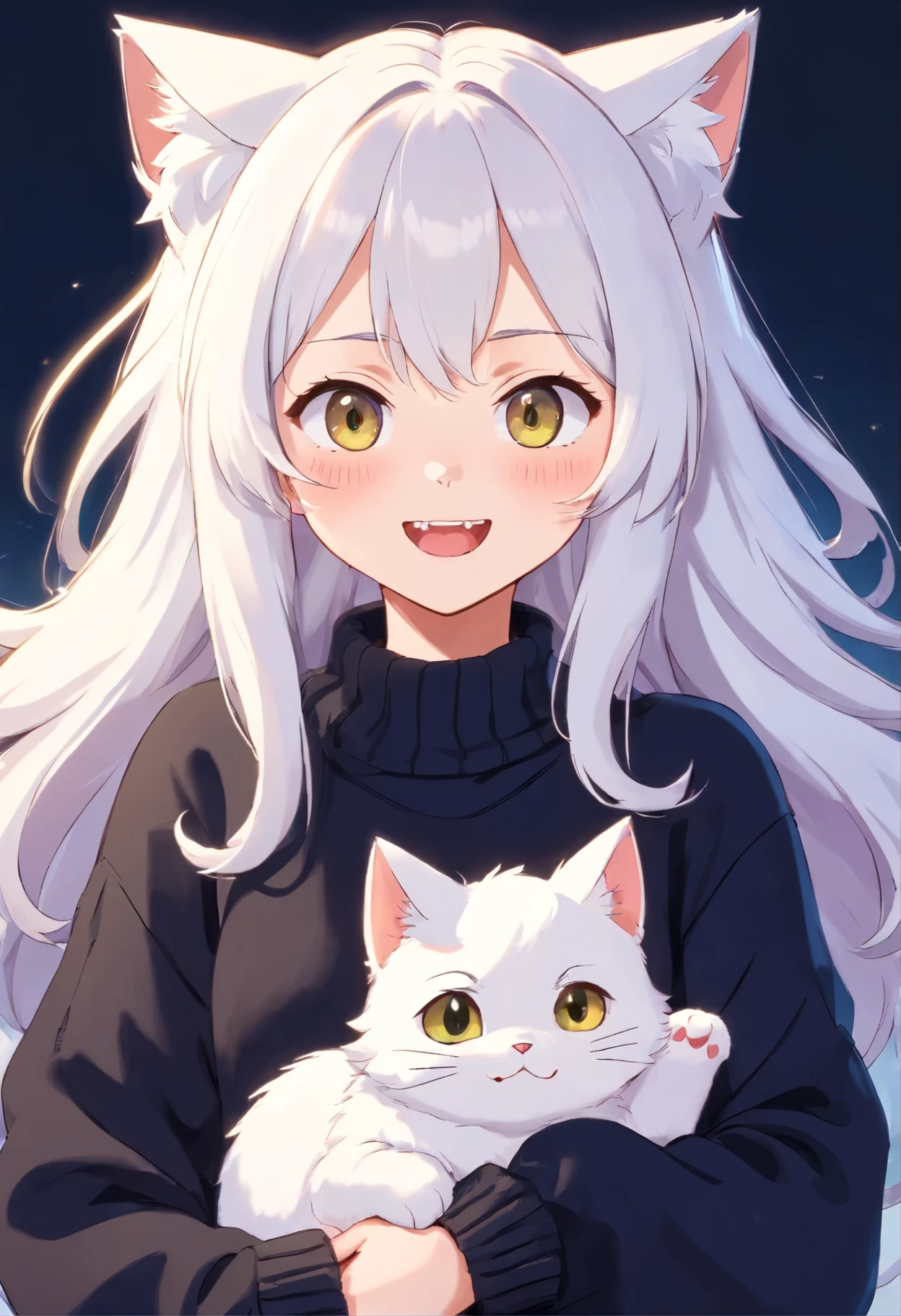 Soft, cute adult neko with puffy white hair wearing a loose fuzzy black sweater, adorable, has cat fangs and a blushy look on her face, OwO