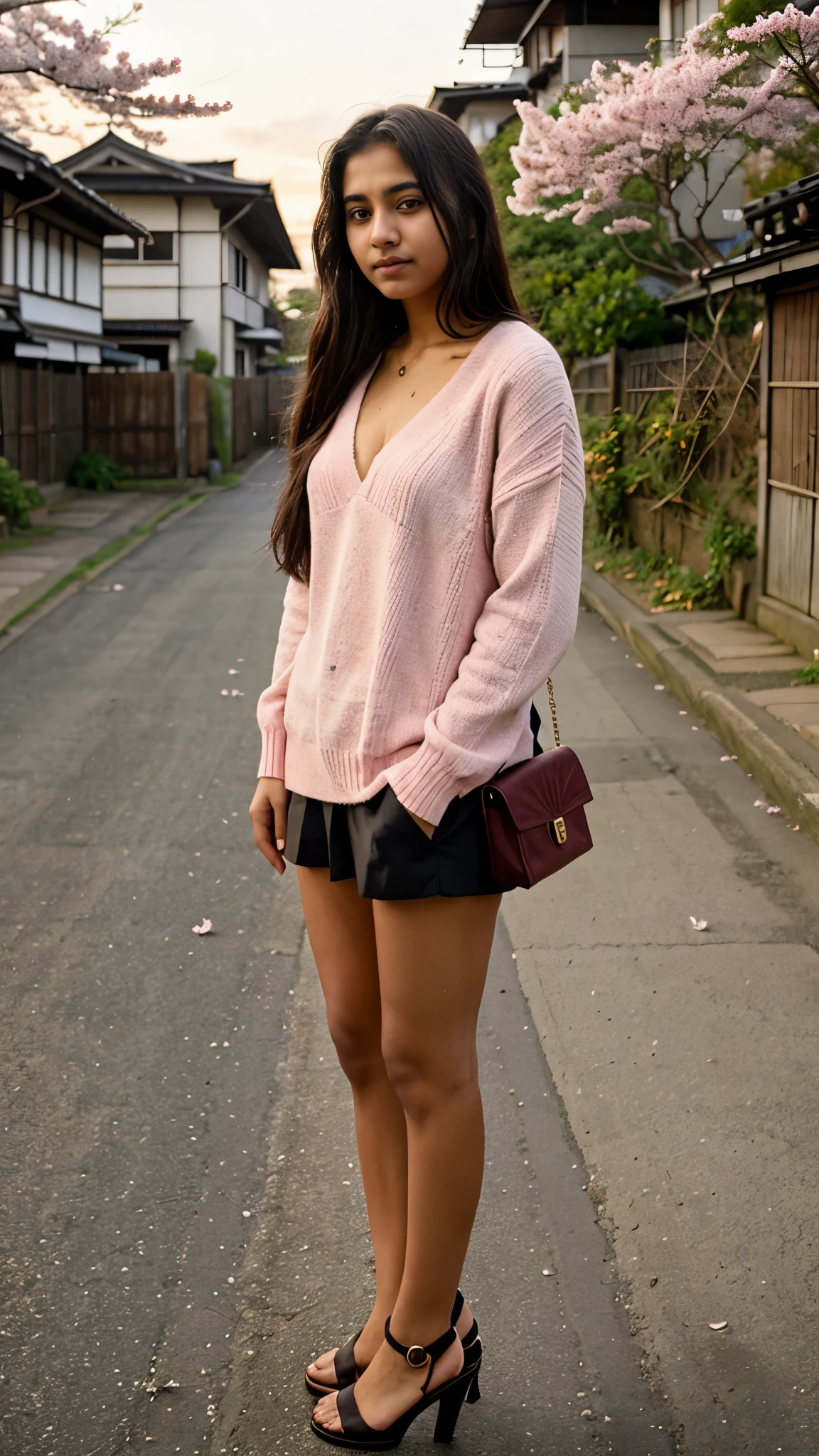 Beautiful  Indian teenage gir hair, sweater, small cleavage, high heels, Japanese rural street, cherry blossoms, sunrise