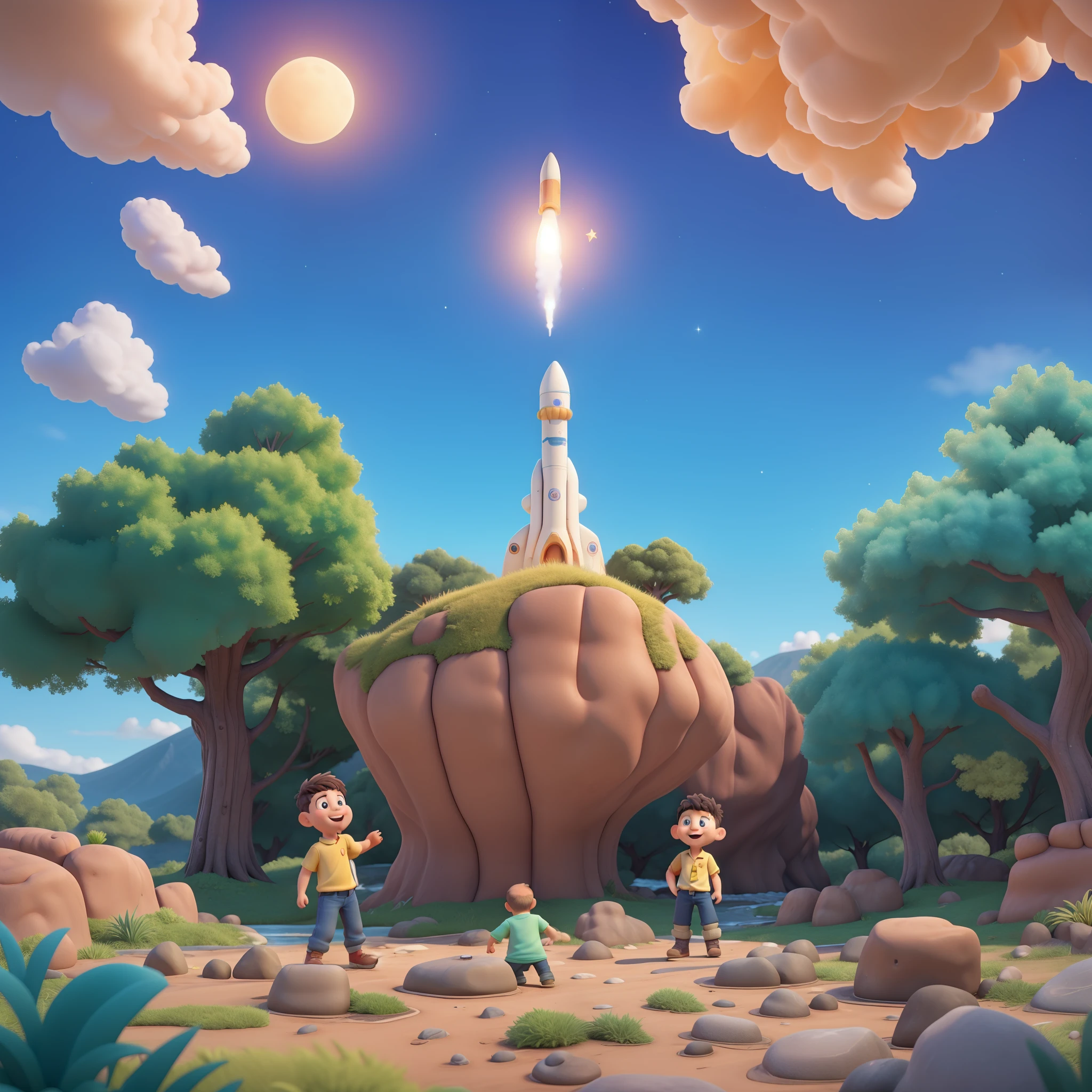 ((best quality)), ((masterpiece)), (detailed), perfect face, (best quality,4k,highres,masterpiece:1.2),ultra-detailed, 7-year-old boy's favorite adventure picture,a rocket, vibrant colors,cartoon style,playful atmosphere, detailed rocket,flames shooting out from the bottom,smoke trails, smiling boy with wide-open eyes,gazing at the rocket, rocky landscape with lush green trees and flowing river, bright blue sky with fluffy white clouds, sun shining brightly,casting warm golden light on the scene, excitement and wonder emanating from the boy, flying through the air with arms stretched out, mountain peak in the distance,calling for exploration, squad of friendly aliens secretly observing the boy's joy, boy's imagination taking him on an unforgettable journey, dynamic composition,showcasing action and movement, thrilling sense of adventure and exploration, amazing details on the rocket,such as bolts and shiny metallic surfaces, sparkling stars in the night sky,starry patterns on the rocket, dreamlike,whimsical elements adding magic to the scene, a feeling of infinite possibilities and boundless creativity, capturing the essence of childhood joy and imagination.