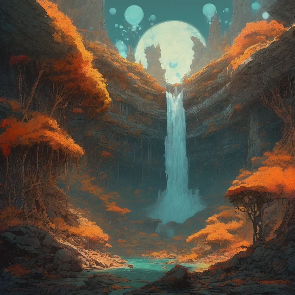 Waterfall, aesthetic, "magical_mystical Waterfalls"epic_cinematic_beautiful_fantasy_landscape!!!",_hyperdetailed_and_highly_intricate_digital_illustration_by_Ismail_Inceoglu,_Erin_Hanson,_Gazelli,_Hayao_Miyazaki_and__Yoshitaka_Amano,_a_masterpiece,_top-down_perspective,_wide-angle,_8k_resolution,_trending_on_artstation,_Ray_Tracing_Reflections,_volumetric_lighting,_deep_colors_pen_and_ink_marker,Ethereal_cyberefighterpunk_cyborg_cornpunk_lava_hose_with_hot_flames_flowing,_gold_corn_tones_:_by_michal_karcaniel_merriam,_victo_ngai_and_guillermo_del_toro_:_aetherpunk,_ornate,_dynamic,_particulate,_intricate,_elegant_detailed_dramatic_atmospheric_maximalist_digital_matte_painting_rock_orange,_A_dream_of_a_distant_galaxy_by_Caspar_David_Friedrich