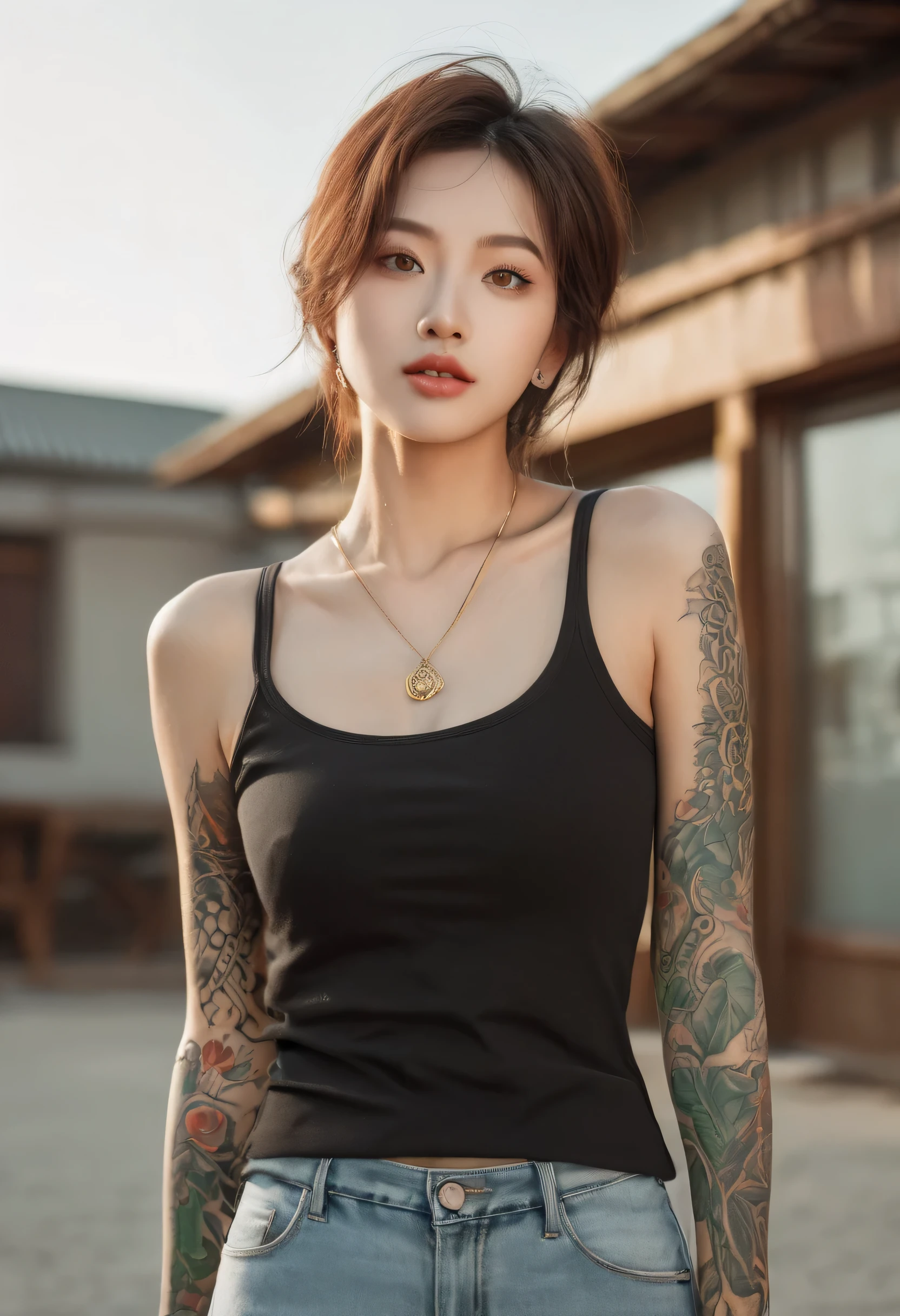 UHD 8k portrait of an attractive single Asian girl with detailed tattoos, detailed, edgy, dramatic, confident, mirrorless, ultra-wide angle, sunset, lifestyle editorial, black and white, high, backlit