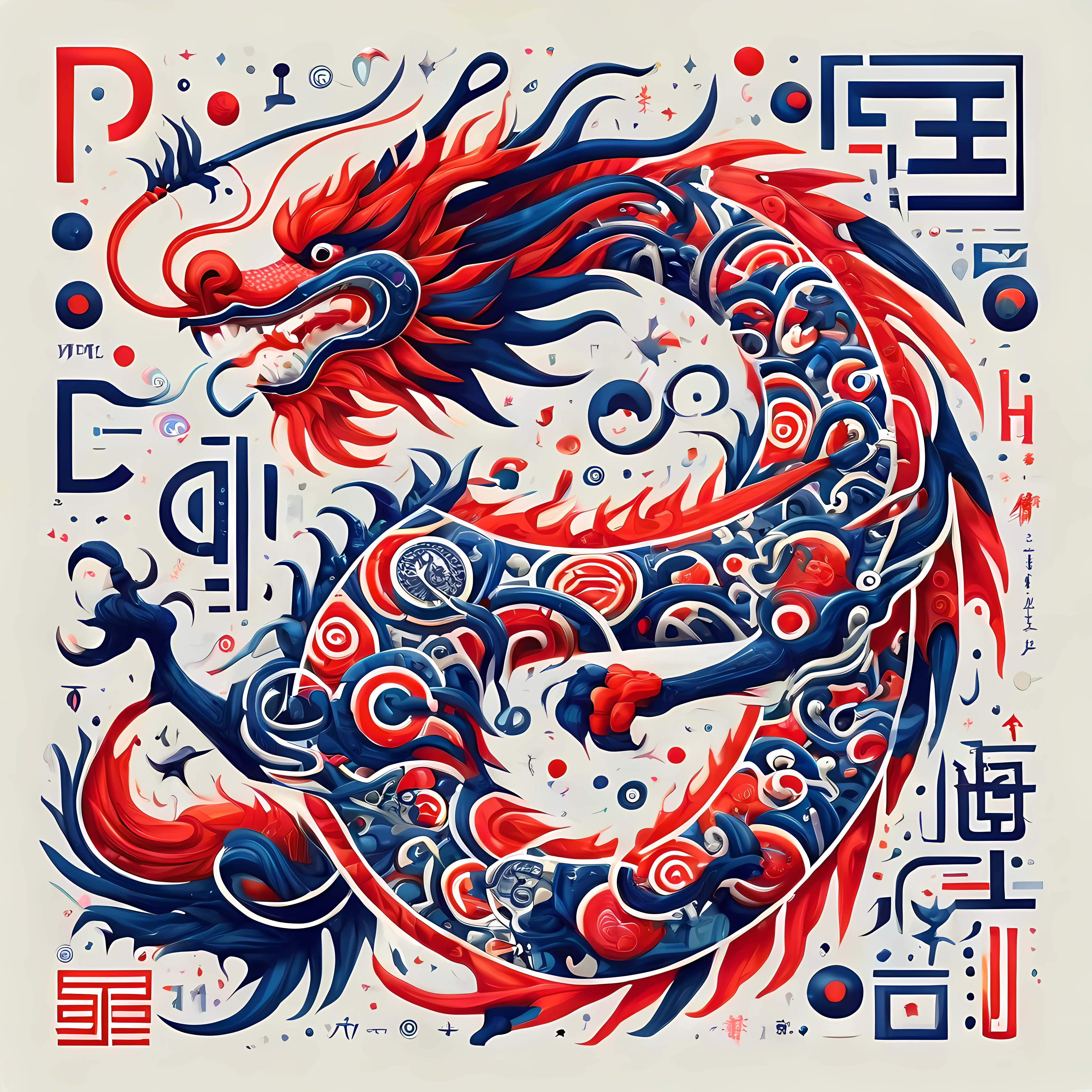 Alphabet dragon totem design，Abstract form of Chinese dragon，Scattered line shapes combined with English alphabet symbols，With international printing style，The expression of traditional dragon elements and modern international design，Red and indigo symbolize passion and depth，White background，portrait elements，celtic art，Use light and color to add depth，Enriching Dali&#39;s Surrealism&#39;style，Showing the unique fusion of traditional culture and modern aesthetics，masterpiece，4k，best quality，unique style，best lighting，Detailed environment。,
