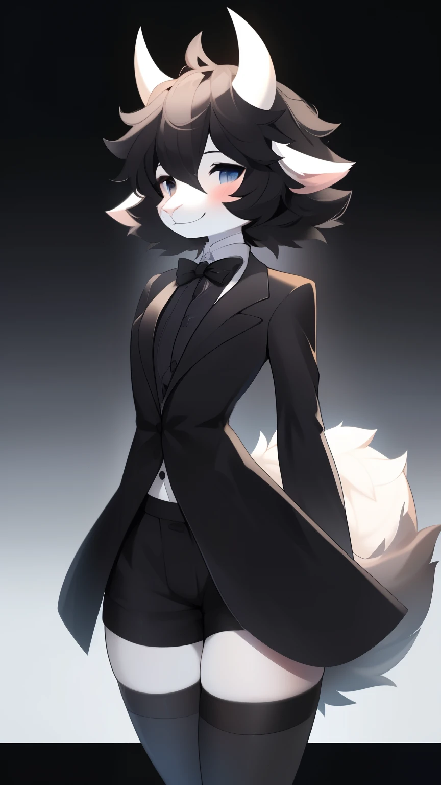 Best quality, Super detailed illustration, (fluffy goat boy:1.4), (matte black fur color:1.4), feminine face and body, disheveled thick hair, elegant outfit with bow tie, tailcoat, short shorts, Tight stockings, shy smile, Femboy, small waist, wide hips, Slim, Perfect body, Long fluffy tail 