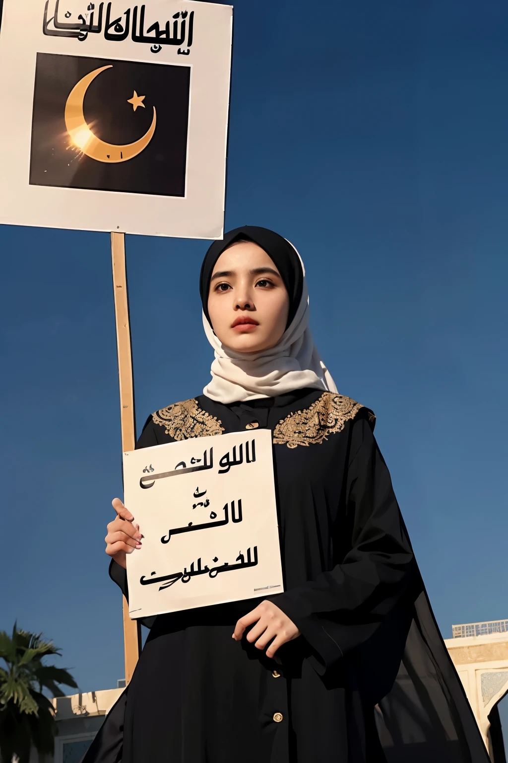 Masterpiece, highest quality, high resolution, solo, Muslim girl, holding a sign, traditional attire, long flowing abaya, intricate embroidery, expressive eyes, concentrated expression, protest, peaceful demonstration, determined, holding a sign high, call to action, Arabic script, colorful fabric, wind blowing in her hair, sun setting in the background.