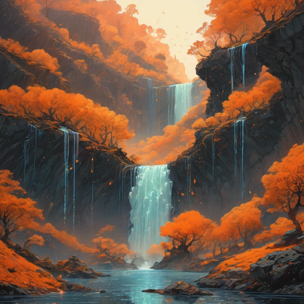 Waterfall, aesthetic, "magical_mystical Waterfalls"epic_cinematic_beautiful_fantasy_landscape!!!",_hyperdetailed_and_highly_intricate_digital_illustration_by_Ismail_Inceoglu,_Erin_Hanson,_Gazelli,_Hayao_Miyazaki_and__Yoshitaka_Amano,_a_masterpiece,_top-down_perspective,_wide-angle,_8k_resolution,_trending_on_artstation,_Ray_Tracing_Reflections,_volumetric_lighting,_deep_colors_pen_and_ink_marker,Ethereal_cyberefighterpunk_cyborg_cornpunk_lava_hose_with_hot_flames_flowing,_gold_corn_tones_:_by_michal_karcaniel_merriam,_victo_ngai_and_guillermo_del_toro_:_aetherpunk,_ornate,_dynamic,_particulate,_intricate,_elegant_detailed_dramatic_atmospheric_maximalist_digital_matte_painting_rock_orange,_A_dream_of_a_distant_galaxy_by_Caspar_David_Friedrich