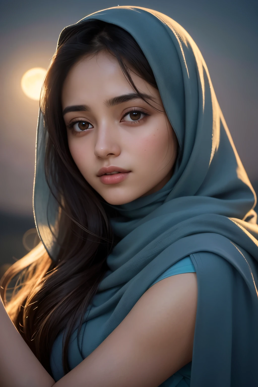 A muslim woman in her twenties, with long brown hair and expressive brown eyes, gently cradles a full moon in the palms of her hands against the backdrop of a tranquil night sky. Her traditional hijab, a torn piece of pastel blue fabric, flows softly in the gentle breeze. Her delicate features are illuminated by the soft cinematic light, creating an intricately detailed, photorealistic masterpiece. The moon, textured with RAW details, casts a gentle glow upon her face, highlighting her beautiful, detailed features and creating a breathtaking 8k high-quality image. The scene is rendered in amazingly realistic detail with depth of field and dim
