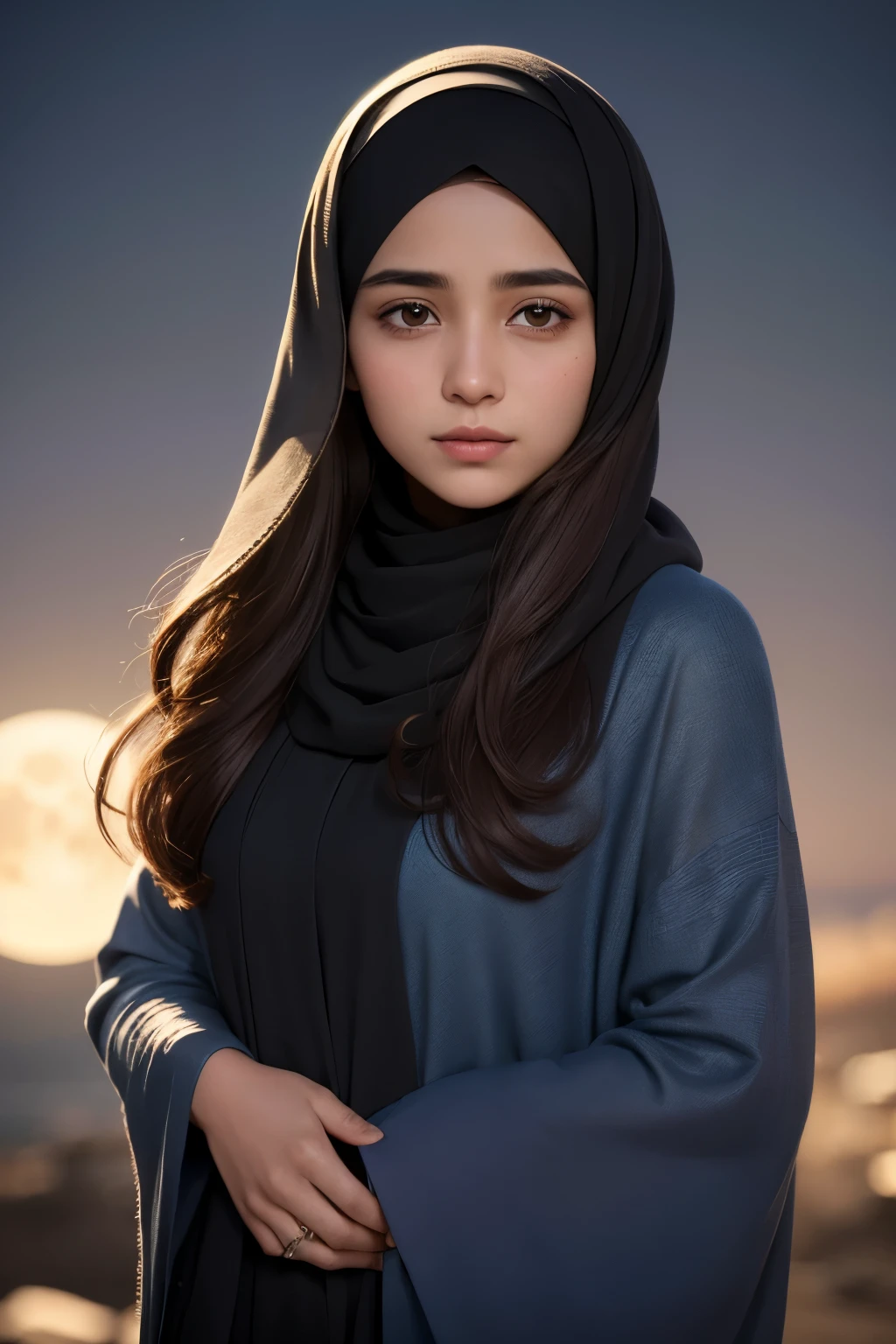 A muslim woman in her twenties, with long brown hair and expressive brown eyes, gently cradles a full moon in the palms of her hands against the backdrop of a tranquil night sky. Her traditional hijab, a torn piece of pastel blue fabric, flows softly in the gentle breeze. Her delicate features are illuminated by the soft cinematic light, creating an intricately detailed, photorealistic masterpiece. The moon, textured with RAW details, casts a gentle glow upon her face, highlighting her beautiful, detailed features and creating a breathtaking 8k high-quality image. The scene is rendered in amazingly realistic detail with depth of field and dim