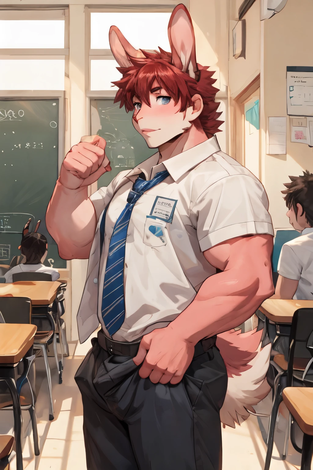 bara rabbit, red short hair, pink skin, at school