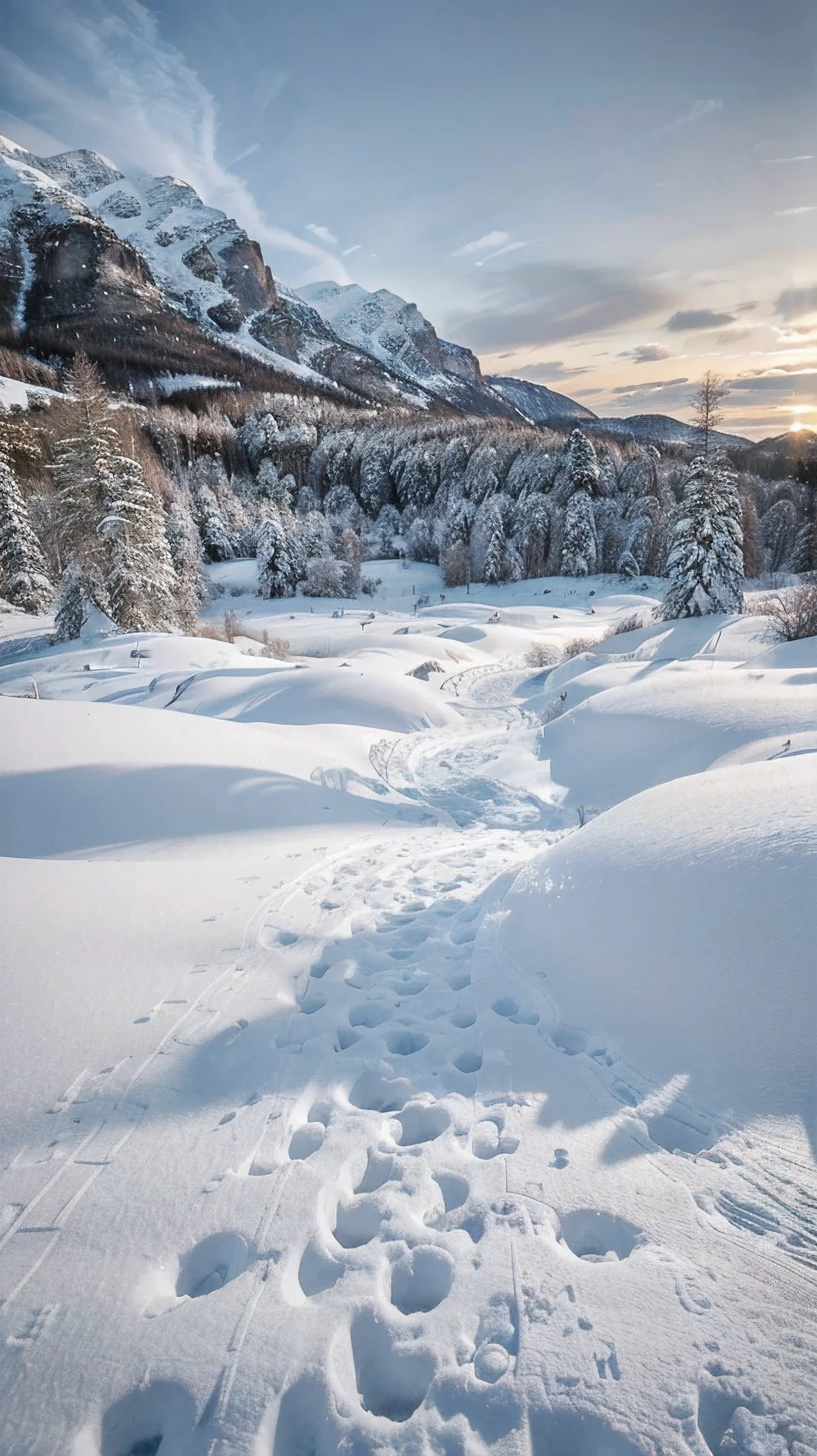 A serene, snow-covered landscape with footprints etched into the soft snow. The photo has a cinematic feel, with a low-angle shot capturing the vastness of the snowy field. In the foreground, the footprints lead to a distant point, creating a sense of adventure and exploration. The typography is subtly integrated into the scene, with letters or words subtly hidden within the snowy terrain, adding an element of mystery and intrigue., photo, typography, cinematic