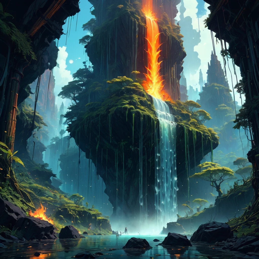 Waterfall, aesthetic, "magical_mystical Waterfalls"epic_cinematic_beautiful_fantasy_landscape!!!",_hyperdetailed_and_highly_intricate_digital_illustration_by_Ismail_Inceoglu,_Erin_Hanson,_Gazelli,_Hayao_Miyazaki_and__Yoshitaka_Amano,_a_masterpiece,_top-down_perspective,_wide-angle,_8k_resolution,_trending_on_artstation,_Ray_Tracing_Reflections,_volumetric_lighting,_deep_colors_pen_and_ink_marker,Ethereal_cyberefighterpunk_cyborg_cornpunk_lava_hose_with_hot_flames_flowing,_gold_corn_tones_:_by_michal_karcaniel_merriam,_victo_ngai_and_guillermo_del_toro_:_aetherpunk,_ornate,_dynamic,_particulate,_intricate,_elegant_detailed_dramatic_atmospheric_maximalist_digital_matte_painting_rock_orange,_A_dream_of_a_distant_galaxy_by_Caspar_David_Friedrich