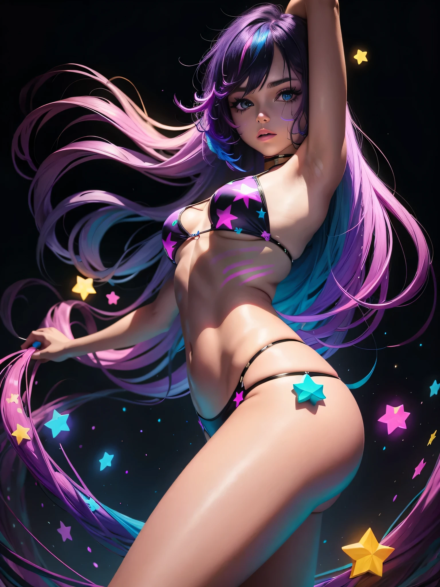 black light art，Girl with colorful hair，Purple pink and blue bikini，Colorful stars，close up，black light art