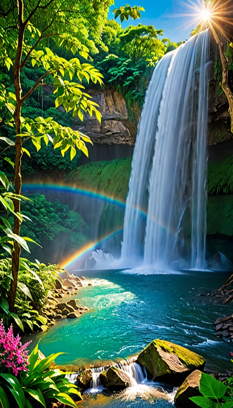 painting of a waterfall in a mountainous area with a house on the top, vertical wallpaper, 4k vertical wallpaper, 4 k vertical wallpaper, 8 k vertical wallpaper, 8k vertical wallpaper, ross tran. scenic background, beautiful mattepainting, 4 k matte painting