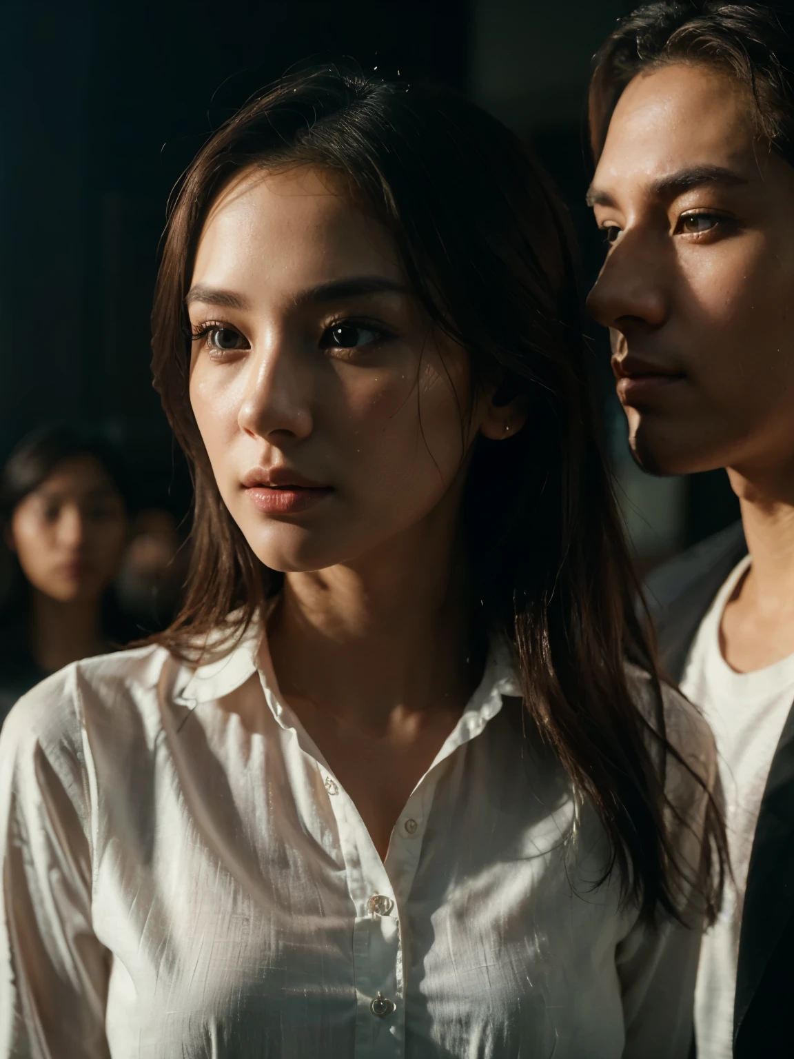 a man and a woman standing next to each other, an image, inspired by Adam Dario Keel, which is trending in the cg community, beautiful young Korean woman, blouse shirt, movie screencap, model elisajes from acquamodels. best quality, realistic, photorealistic, (intricate detail: 1.2), (fine detail), (cinematic light), clear lines, sharp focus, realistic face, detailed face, unity 8k wallpaper, very high resolution, (photorealistic: 1.4), He was looking at the audience