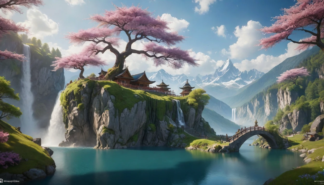 tmasterpiece，Best quality at best，high qulity，the Extremely Detailed CG Unity 8K Wallpapers，scenecy，exteriors，Skysky，​​clouds，Skysky，mont，palaces，scenecy，Eau，The tree，blue-sky，waterfallr，precipice，naturey，lakes，rios，Cloudy sky，award winning photography，Background bokeh，depth of fields，hdr，blooms，color difference，Realism，The is very detailed，Trends on ArtStation，Trends on CGSociety，iintricate，high detal，dramatics，halfway art