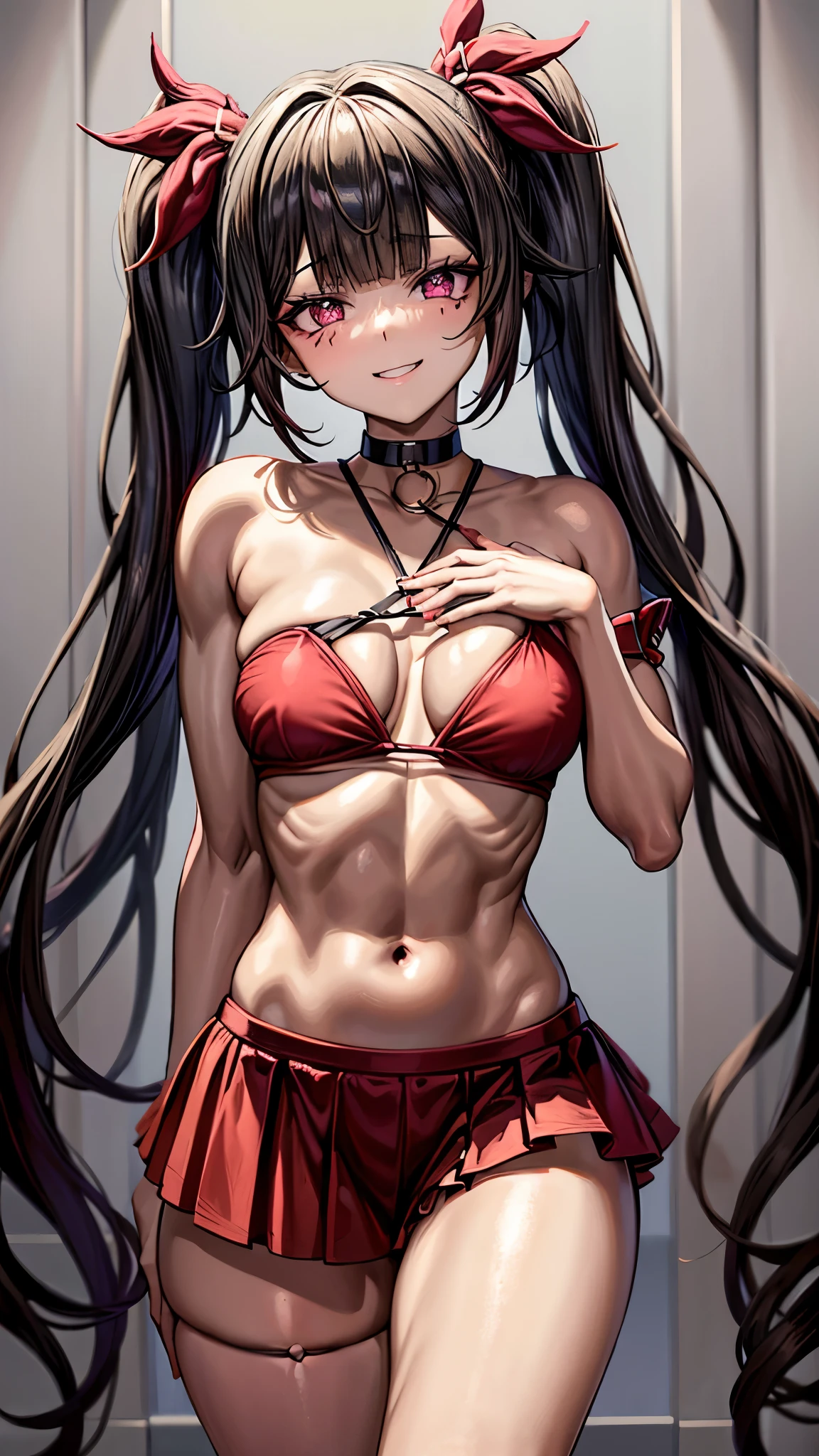 tipo: Arte Digital
Estilo: Cor estilo anime: Predominantemente vermelho com contrastes em preto e branco,
Cor dos olhos: vermelho carmesim brilhante, com destaques luminosos.
Cor do cabelo Preto com mechas vermelhas,
Penteado: Longo com twintails, adornado com enfeites de cabelo tradicionais vermelhos e dourados, mischievous and playful smile with a touch of mischief))), sadist, pernas musculosas, (((cena de praia))), Standing, (foto de corpo inteiro), unhas bem cuidadas, unhas vermelhas, {{{wearing a very short and sexy bikini}}}, hdr