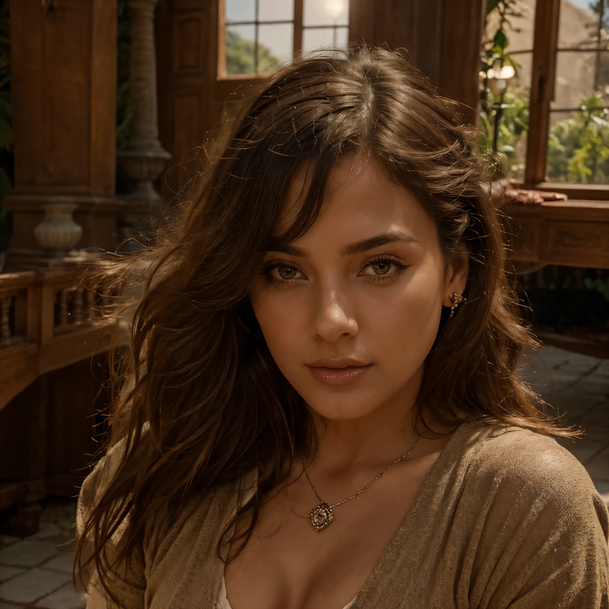 a woman with big brown eyes wearing a sexy satin shirt, long brown hair, winter, whimsical, intricate brush strokes, beautiful lighting, intricate details, Unreal Engine, creative, expressive, detailed, colorful, digital art, unique, HW*
