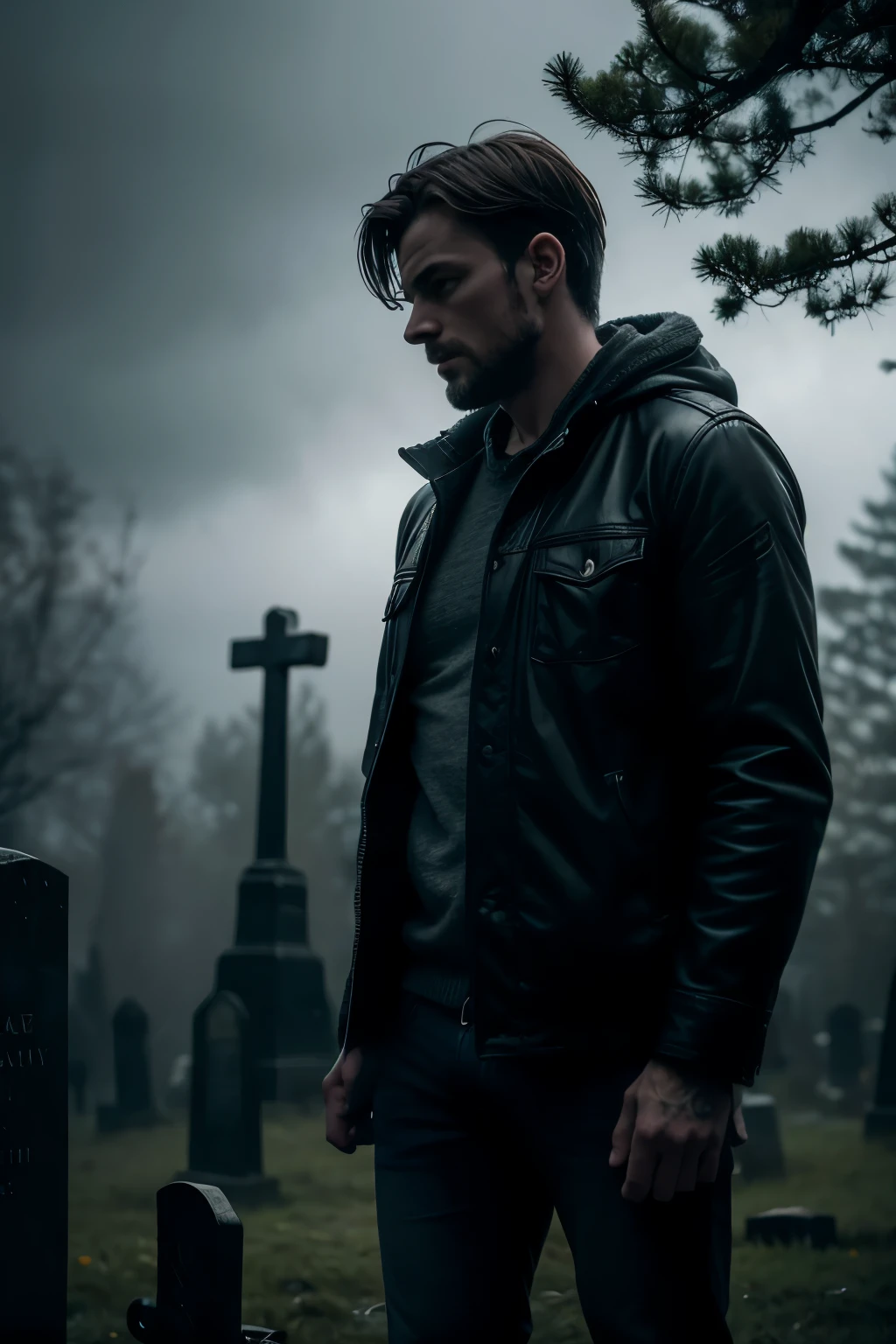 RAW, Best quality, high resolution, atmospheric photo: 1.2), a man standing alone in a graveyard, (moody:1.1), (masterpiece:1.3), (realistic:1.5), (detailed:1.4), (photorealistic:1.1), long exposure, foggy night, lantern in hand, faded jeans and sweater, rain-soaked, introspective expression, isolated, gnarled trees, silhouetted against the moonlight, (grave stones), (delicate lighting), (dark tones), (cinematic:1.2), RAW photo, sharp focus, film grain,
