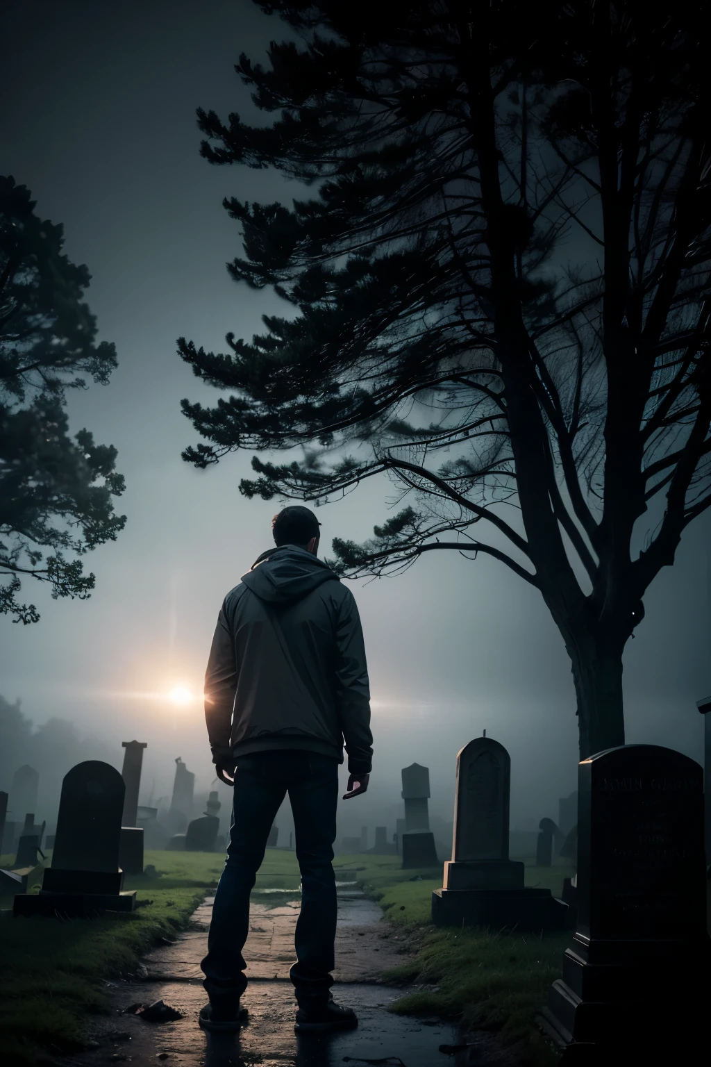 RAW, Best quality, high resolution, atmospheric photo: 1.2), a man standing alone in a graveyard, (moody:1.1), (masterpiece:1.3), (realistic:1.5), (detailed:1.4), (photorealistic:1.1), long exposure, foggy night, lantern in hand, faded jeans and sweater, rain-soaked, introspective expression, isolated, gnarled trees, silhouetted against the moonlight, (grave stones), (delicate lighting), (dark tones), (cinematic:1.2), RAW photo, sharp focus, film grain,
