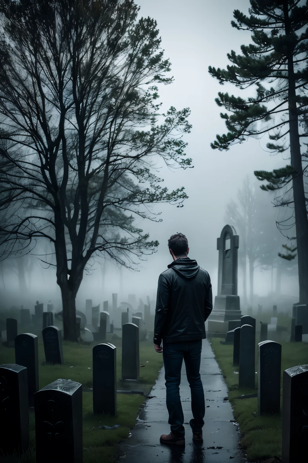 RAW, Best quality, high resolution, atmospheric photo: 1.2), a man standing alone in a graveyard, (moody:1.1), (masterpiece:1.3), (realistic:1.5), (detailed:1.4), (photorealistic:1.1), long exposure, foggy night, lantern in hand, faded jeans and sweater, rain-soaked, introspective expression, isolated, gnarled trees, silhouetted against the moonlight, (grave stones), (delicate lighting), (dark tones), (cinematic:1.2), RAW photo, sharp focus, film grain,
