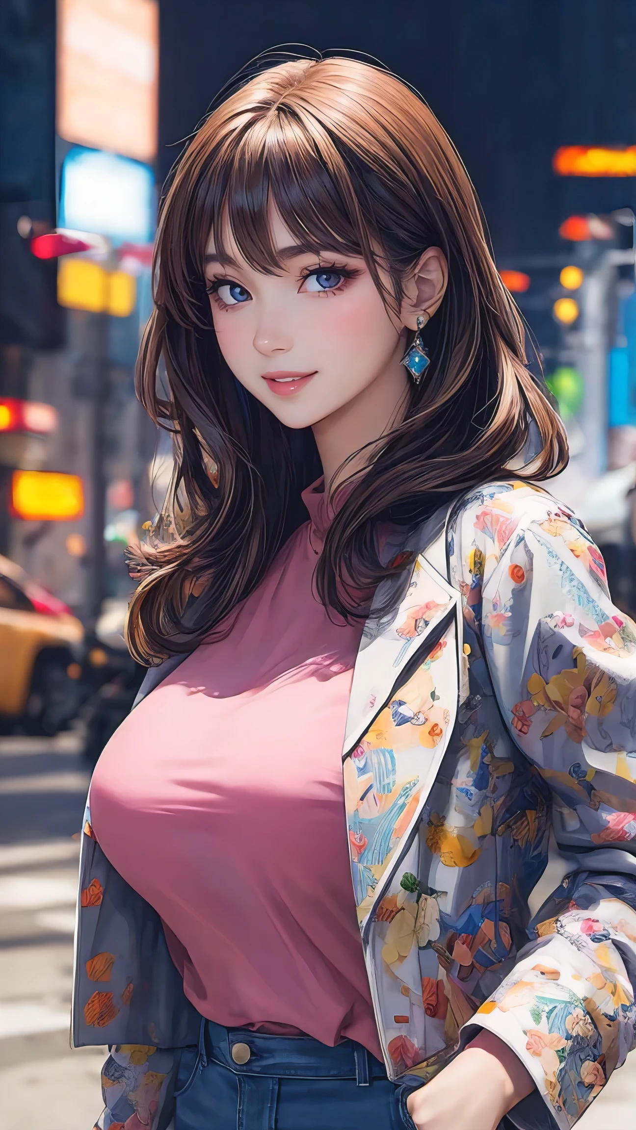 (best quality, masterpiece:1.2), perfect body, wide hips, large breasts, printed blouse, jacket, pants, big city, random composition, vibrant, 8k, uhd, hdr, pbr