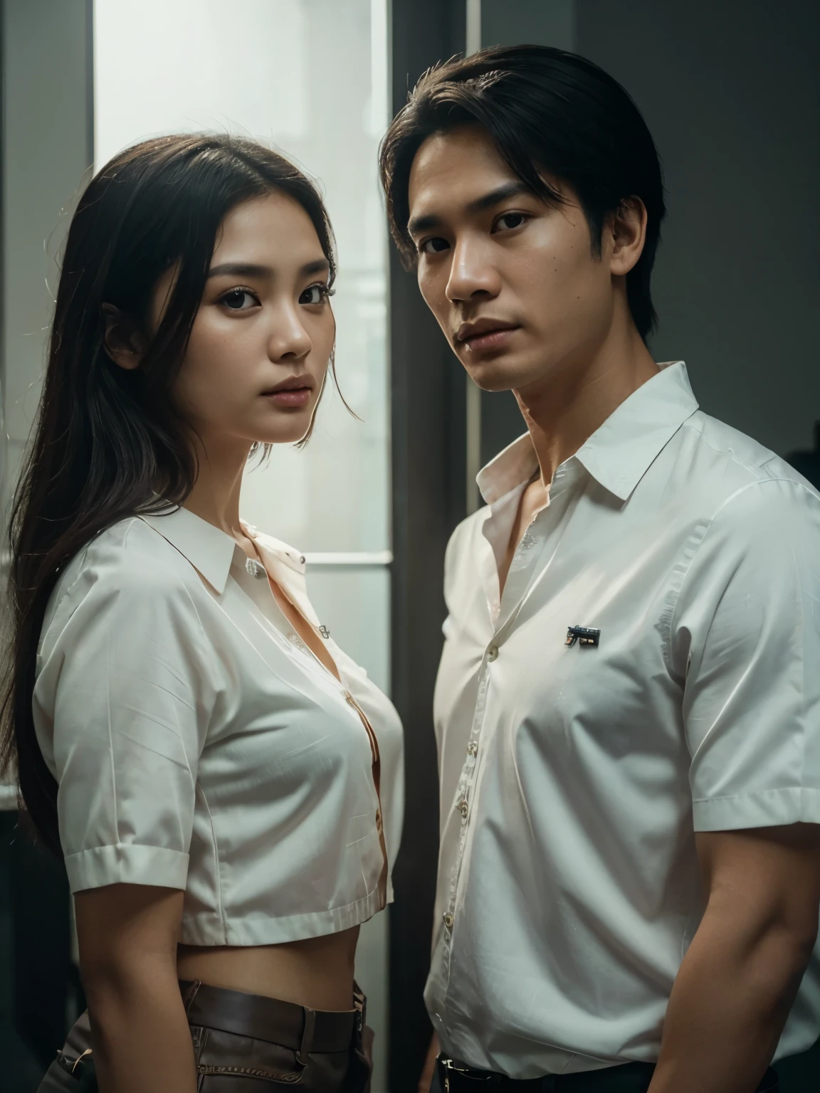 an indonesian man and an indonesian woman standing next to each other, an image, inspired by Adam Dario Keel, which is trending in the cg community, beautiful young Korean woman, blouse shirt, movie screencap, model elisajes from acquamodels. best quality, realistic, photorealistic, (intricate detail: 1.2), (fine detail), (cinematic light), clear lines, sharp focus, realistic face, detailed face, unity 8k wallpaper, very high resolution, (photorealistic: 1.4), He was looking at the audience