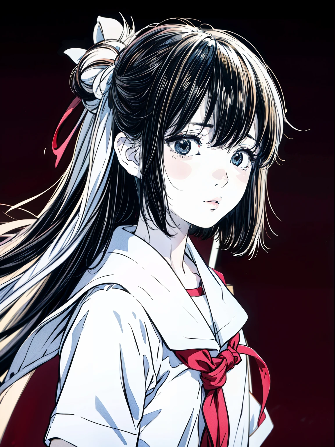 Alone_girl_hi-school girl,actionpose、Pleasantly、Overflowing、inked-art、((quality、8K、masterpiece:1.3))、(Clear focus:1.2)、(Manhwa Style),(pop inspo),(linear art_Japanese cartoon)、(pastelcolor:1.2),((monotone_High-contrast art:1.2))、flatchest、(the complex Background with:1.2),(Lola:Add more details:1.2)、clear silhouette、Sharp lineackground with、