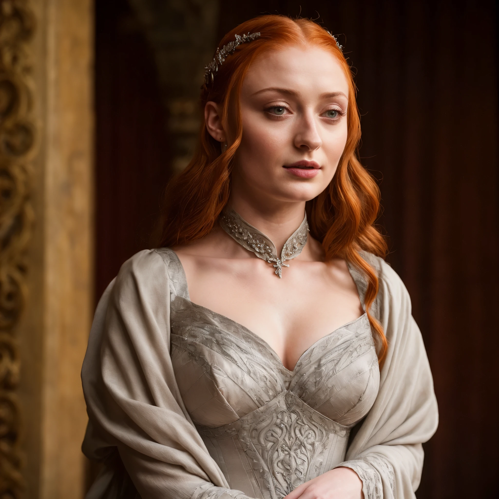 Face of Sophie Turner, Sansa Stark played by Sophie Turner, the de facto Lady of the Eyrie, is a 40-year-old mature queen with a stunning, alluring appearance. Full Face, pierced eyes, reddish lips, upper body shot, erotic Mediaeval costumes, game of thrones costumes, She wears a Game of Thrones-inspired costume and has a deep cleavage, a perfect thick body, and a perfect thick figure. The photograph captures her in a close-up, with her skin texture and facial features being ultra-realistic and realistic.