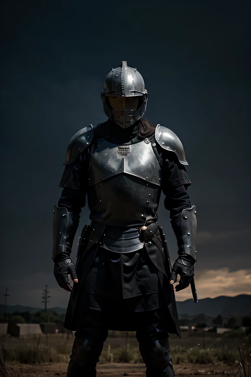 Knight in black armor, against the backdrop of a battlefield