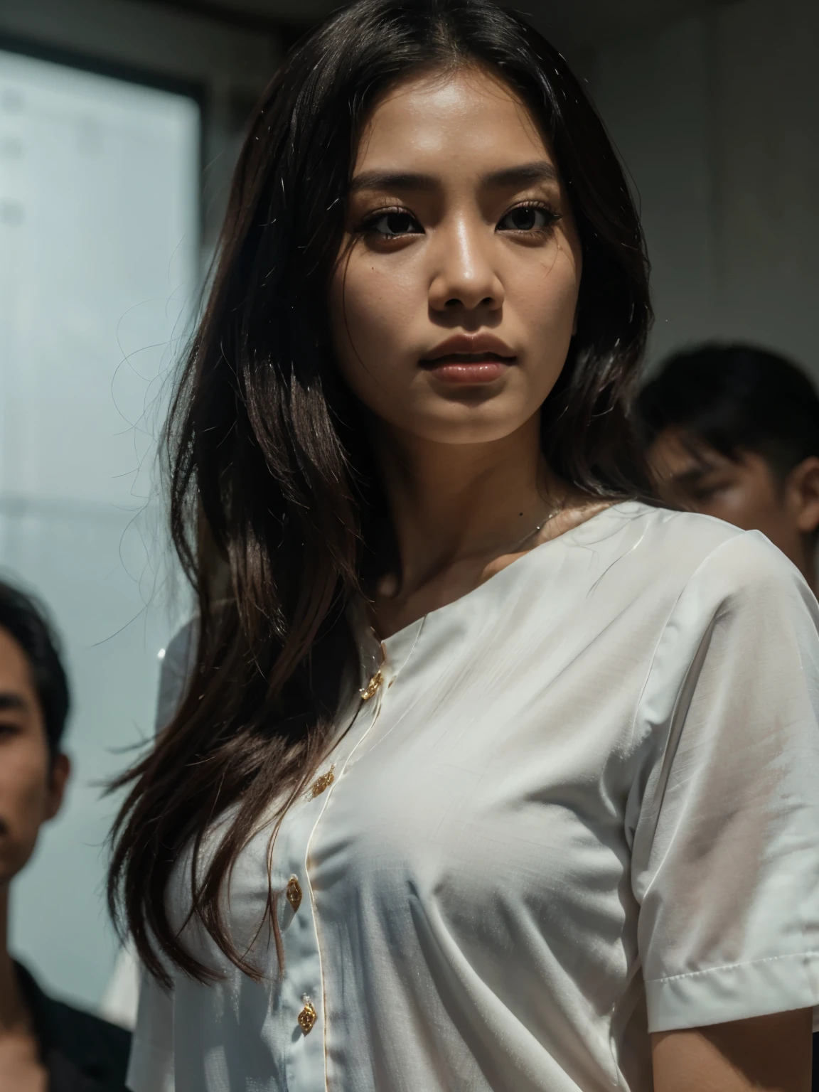 an indonesian man and an indonesian woman standing next to each other, an image, inspired by Adam Dario Keel, which is trending in the cg community, beautiful young Korean woman, blouse shirt, movie screencap, model elisajes from acquamodels. best quality, realistic, photorealistic, (intricate detail: 1.2), (fine detail), (cinematic light), clear lines, sharp focus, realistic face, detailed face, unity 8k wallpaper, very high resolution, (photorealistic: 1.4), He was looking at the audience