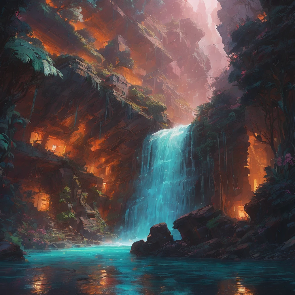 Waterfall, aesthetic, "magical_mystical Waterfalls"epic_cinematic_beautiful_fantasy_landscape!!!",_hyperdetailed_and_highly_intricate_digital_illustration_by_Ismail_Inceoglu,_Erin_Hanson,_Gazelli,_Hayao_Miyazaki_and__Yoshitaka_Amano,_a_masterpiece,_top-down_perspective,_wide-angle,_8k_resolution,_trending_on_artstation,_Ray_Tracing_Reflections,_volumetric_lighting,_deep_colors_pen_and_ink_marker,Ethereal_cyberefighterpunk_cyborg_cornpunk_lava_hose_with_hot_flames_flowing,_gold_corn_tones_:_by_michal_karcaniel_merriam,_victo_ngai_and_guillermo_del_toro_:_aetherpunk,_ornate,_dynamic,_particulate,_intricate,_elegant_detailed_dramatic_atmospheric_maximalist_digital_matte_painting_rock_orange,_A_dream_of_a_distant_galaxy_by_Caspar_David_Friedrich