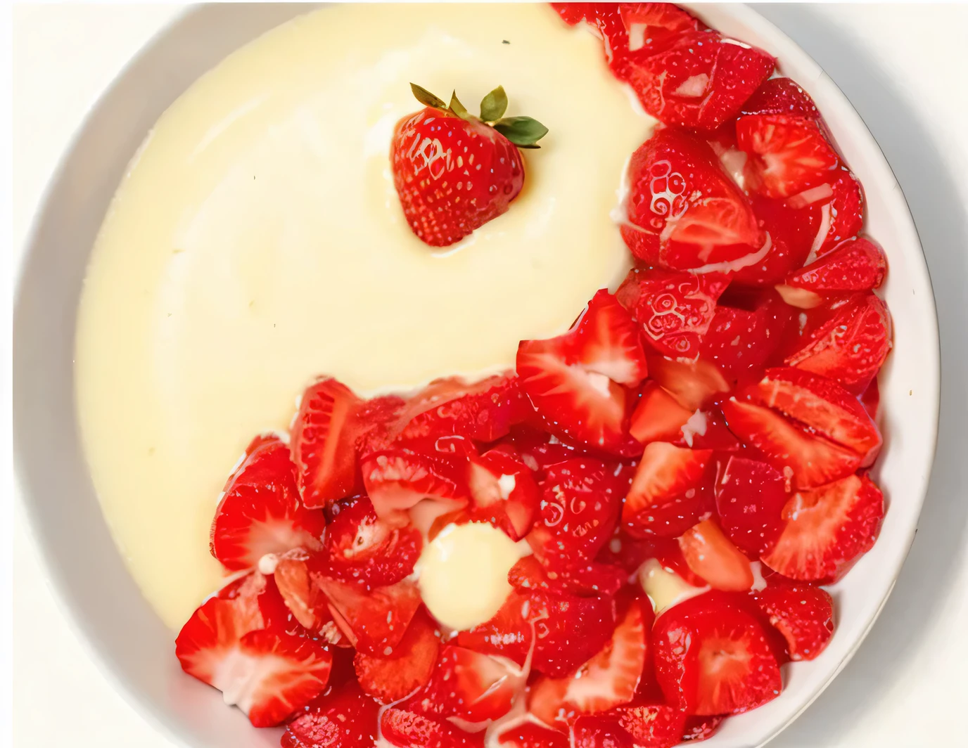 Yin yang formed by condensed milk and strawberries in a bowl