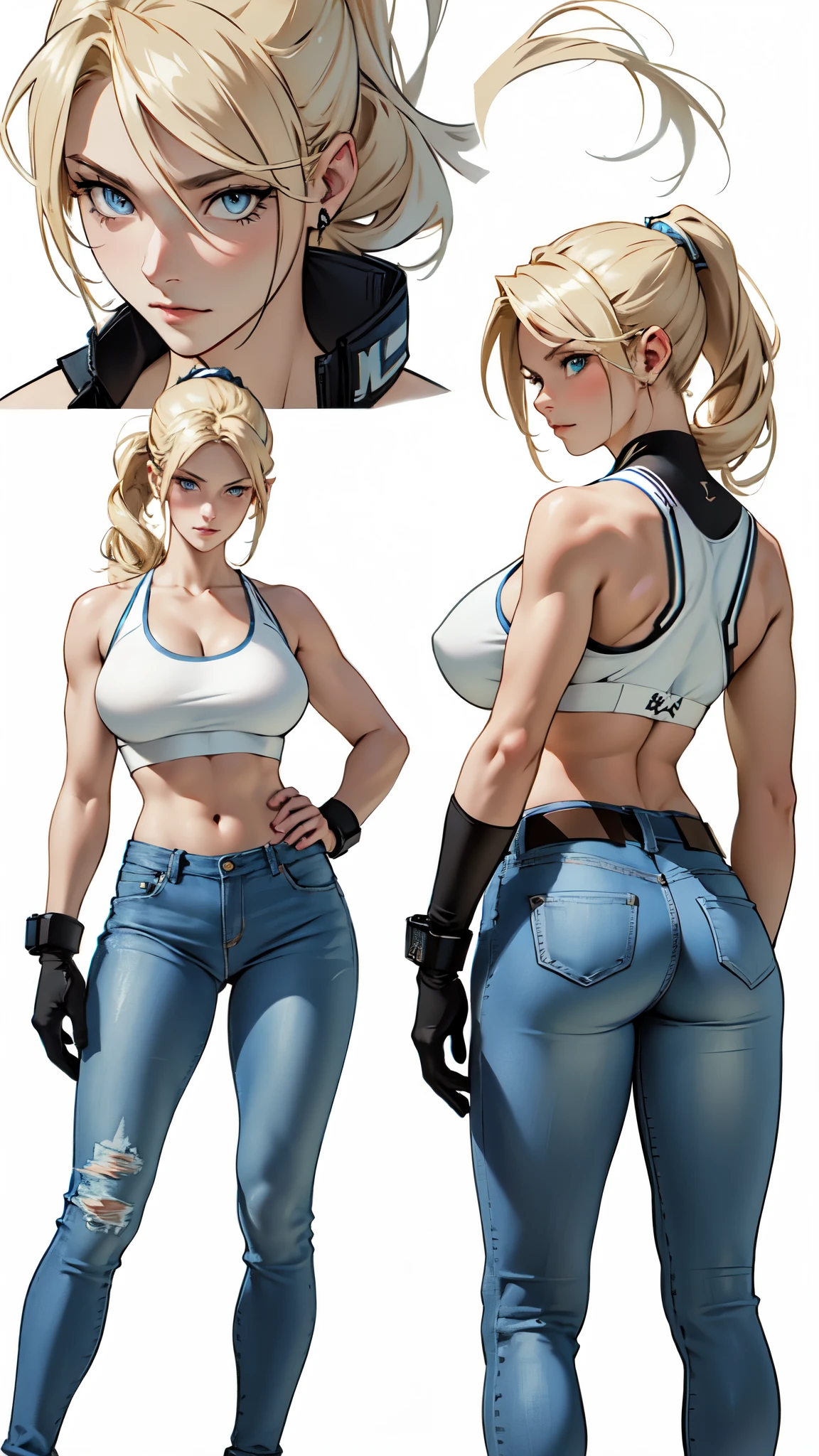 (absurdres, highres, ultra detailed),(absurdres, highres, ultra detailed), 1 female, adult, beautiful, tall lady, thin waist, pale skin, (((big breasts))), finely detailed eyes and detailed face, elegant long light blonde hair tied in a ponytail, mma gloves, (wearing a white sports bra and tight blue jeans), elegant, neat, graceful, seductive look, attractive, light blue eyes, white background, (anime character sheet), (full body), (several poses and expressions)