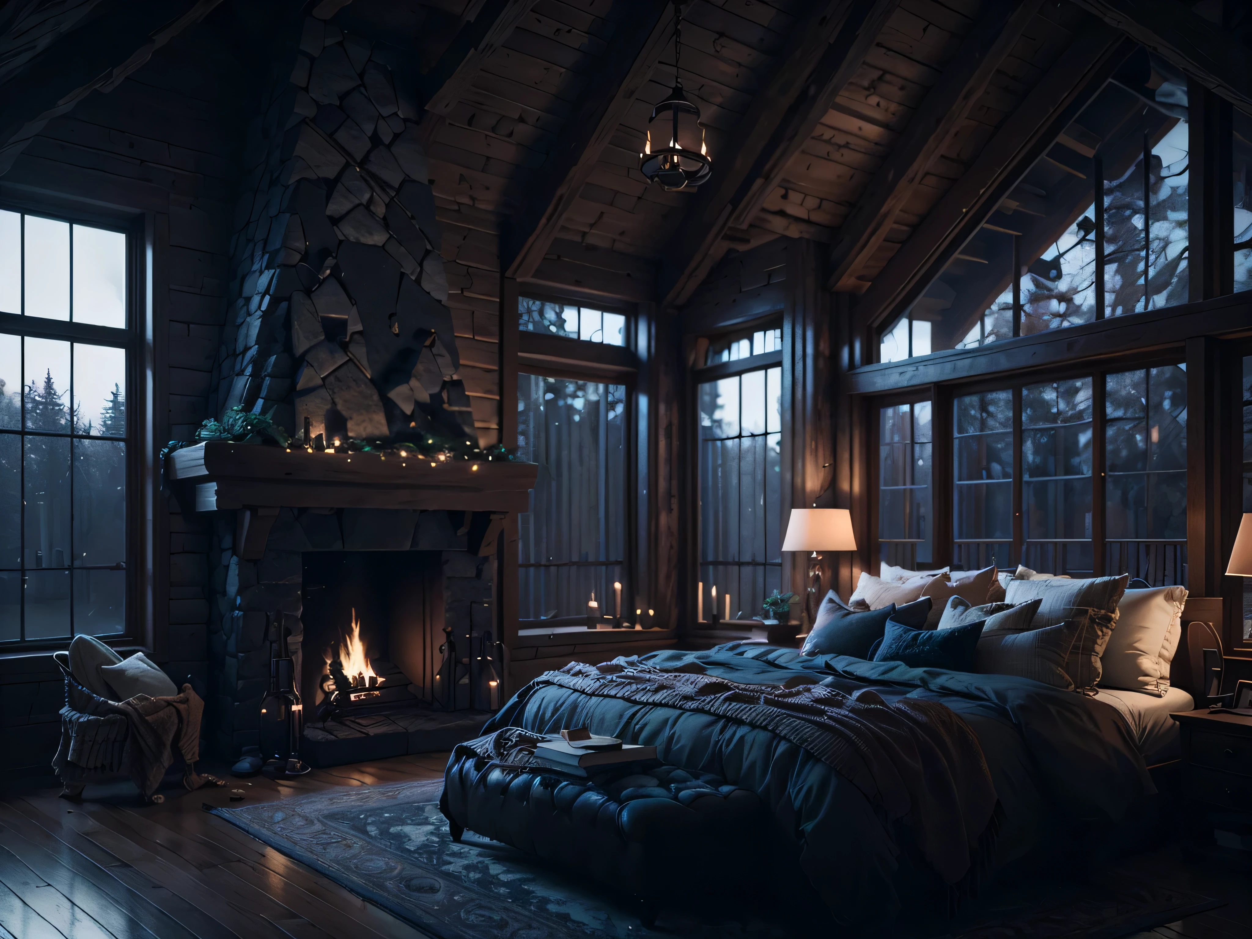 arafed bedroom with a fireplace and a large bed in front of a window, dark bedroom, unreal engine realistic render, cozy and calm, cozy place, cozy room, photorealistic dark concept art, vray 8k render, cozy and peaceful atmosphere, cozy setting, cozy environment, vray 4k render, cozy atmospheric
