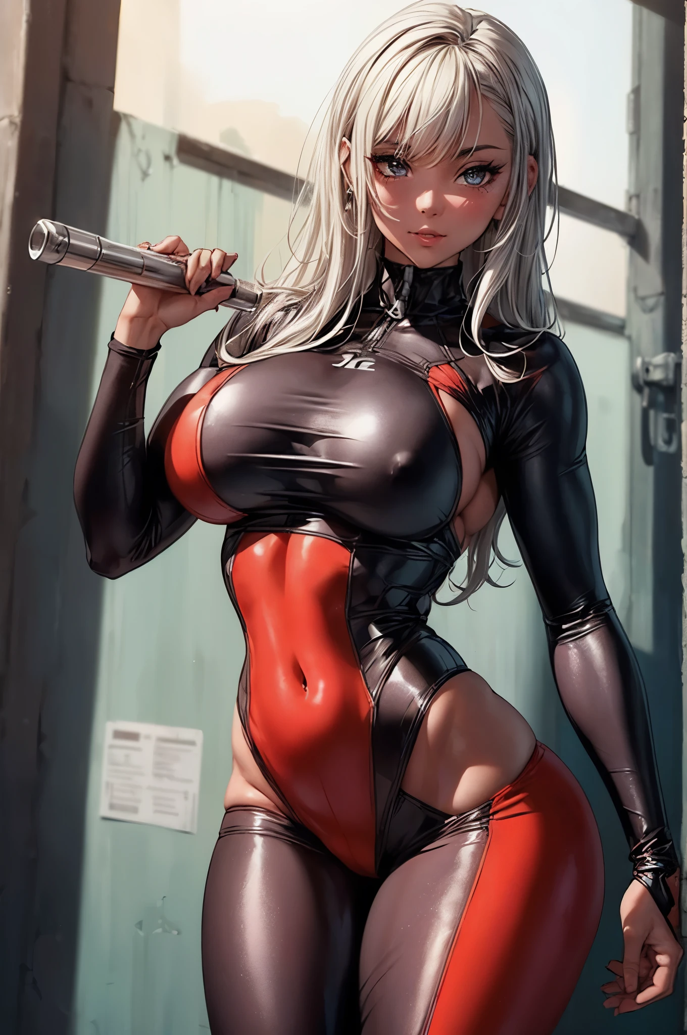 high detail, Full body, wearing (tight shirt:1.2), beautiful detailed face, hazel eyes, (attractive fitness woman:1.3), (seductive:1.1), (blushing:1.1), hourglass body shape, complete shiny aerobic black and red latex bodysuit, big round breasts