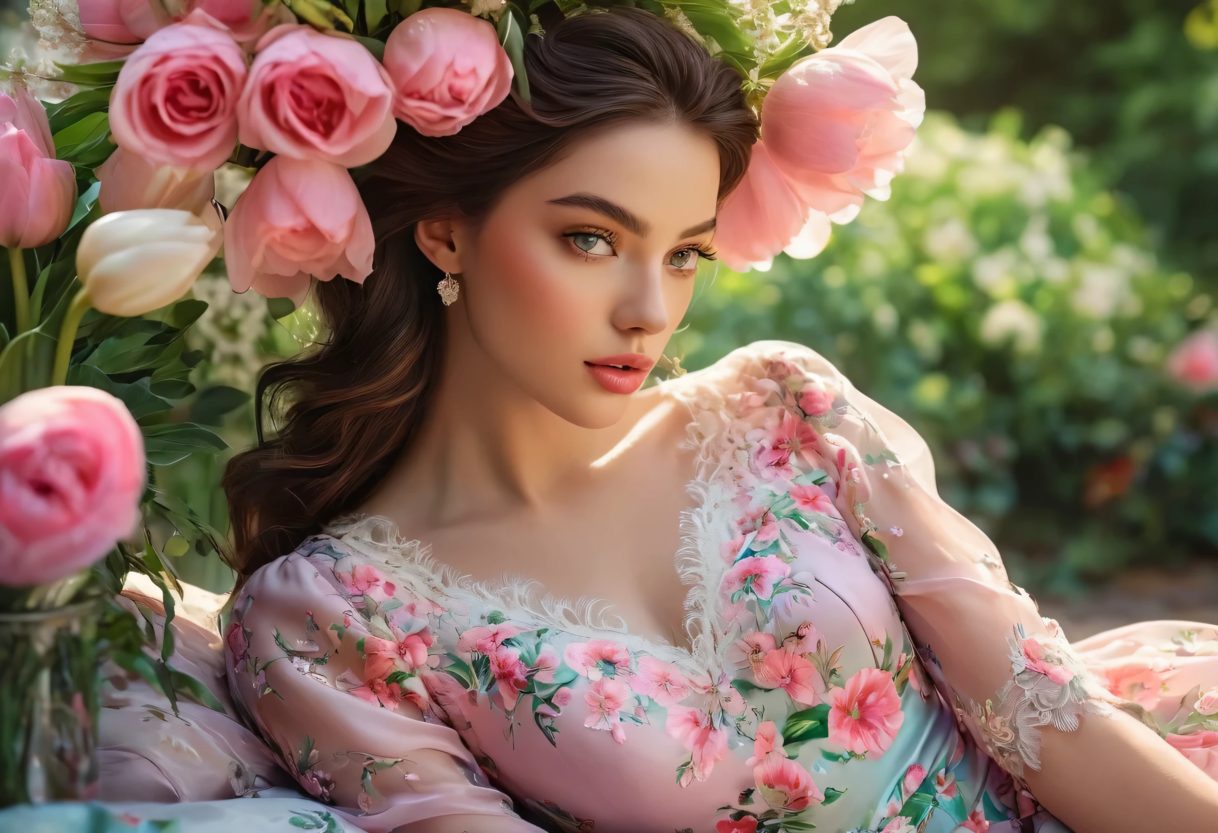(vibrant colors, sharp focus, hyper-realism, 8k high definition:1.2), incredibly detailed (realistic:1.37) image depicting the enchanting style of "2014 Girly". The centerpiece of the artwork features the graceful presence of a single girl with mesmerizing big doe eyes, alluring glossy lips, and a softly contoured face exuding youthful innocence. Her delicate complexion is flawlessly captured, emphasizing the subtle blush on her cheeks and the radiant glow of her skin.

The girl is adorned in a fashion-forward ensemble that epitomizes the fashionable trends of the 2014 Girly era. She wears a flowing pastel-colored dress with intricate lace details, accentuated by whimsical floral patterns. The dress elegantly drapes down to reveal a pair of meticulously rendered legs, complemented by stylish high heels.

Surrounding the girl is a blooming garden filled with an abundance of vibrant flowers, showcasing a riot of colors that perfectly harmonize with the girl's outfit. Roses, tulips, and daisies are meticulously depicted, each petal lovingly rendered with exquisite attention to detail.

The garden is bathed in beautiful natural light, casting gentle shadows that enhance the depth and realism of the scene. The sunlight delicately dances on the girl's radiant hair, which cascades down in luscious waves, adding a touch of ethereal beauty to the composition.

The hyper-realistic details of this 8k high definition artwork make every element come alive with astonishing clarity. From the smallest dewdrops on the petals to the individual strands of hair, the level of intricacy is unparalleled.

The overall color palette leans towards vibrant pastel hues, with a focus on soft pinks, lavenders, and mint greens, evoking a sense of youthful energy and femininity. This is further intensified by the sharp focus, capturing the crispness of every edge and enhancing the visual impact of the image.

In summary, this prompt creates a vivid, hyper-realistic masterpiece in the style of "201