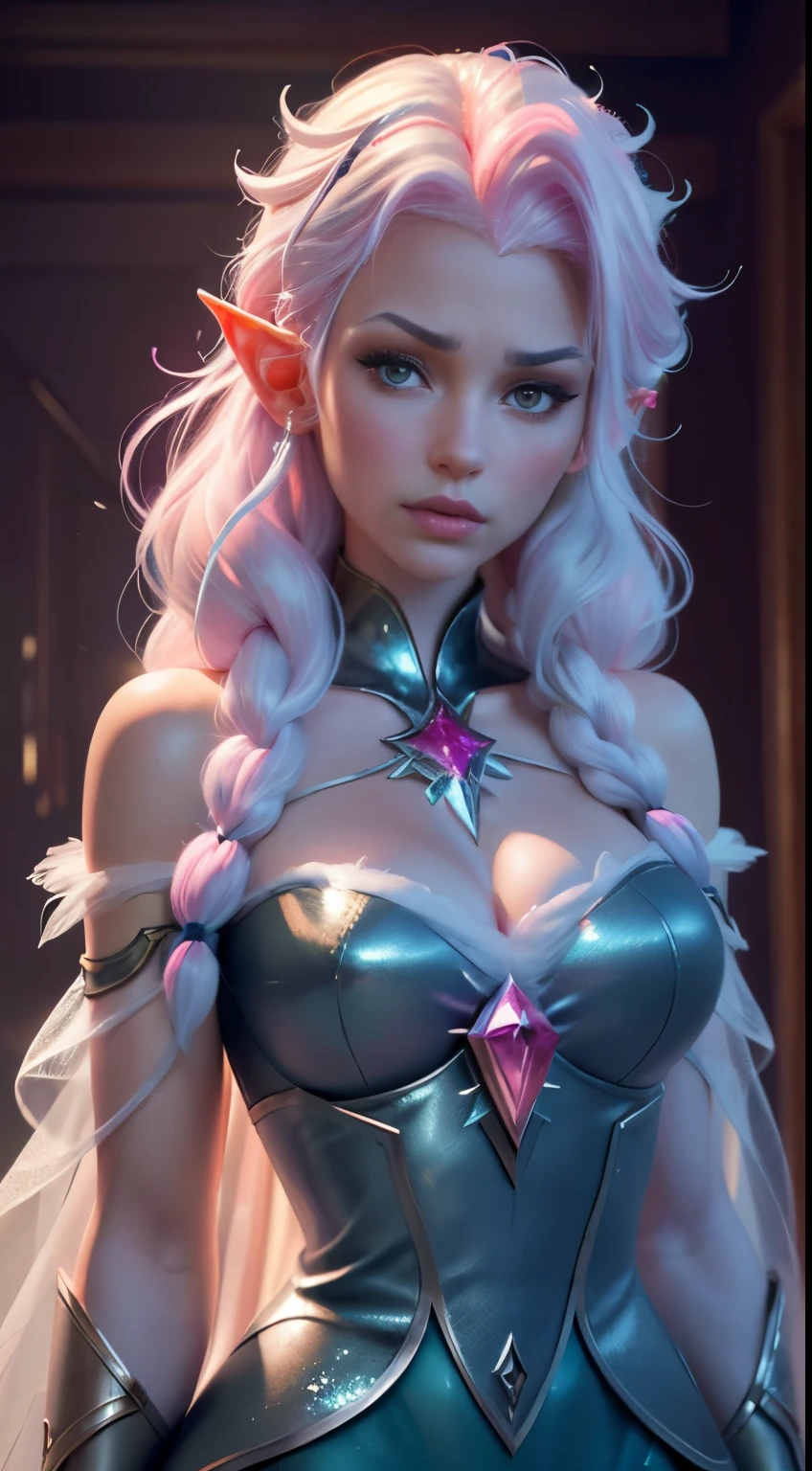 Elfgirl (rose quartz SU-Elsa frozen Disney  mezclando modelos .) (ultra FUSION of white and pink hair) Highly detailed CG unity 8k wallpaper, style shot, complex, high detail, dramatic, highest quality movie still image, very detailed, masterpiece, best quality, character design, Elsa, Elsa from Frozen,Fusion Pink Diamond (( Dark style)), realistic ultra-detailed rendering style, natural light, sharp character design, (hard focus, 8k), (((natural skin texture))), 8k textures, soft cinematic lighting, adobe lightroom, dark room, hdr, Sophisticated, Elegant, Rich Detail, Sharp Focuilm Look) )), Soothing Tones, Detail Frenzy, Intricate Detail, Super Detail, Low Contrast, Soft Film Lighting, Dull Colors, Exposure Blending, HDR, Fade, 35mm, f/1.4, ISO64, f16, 25 sec.