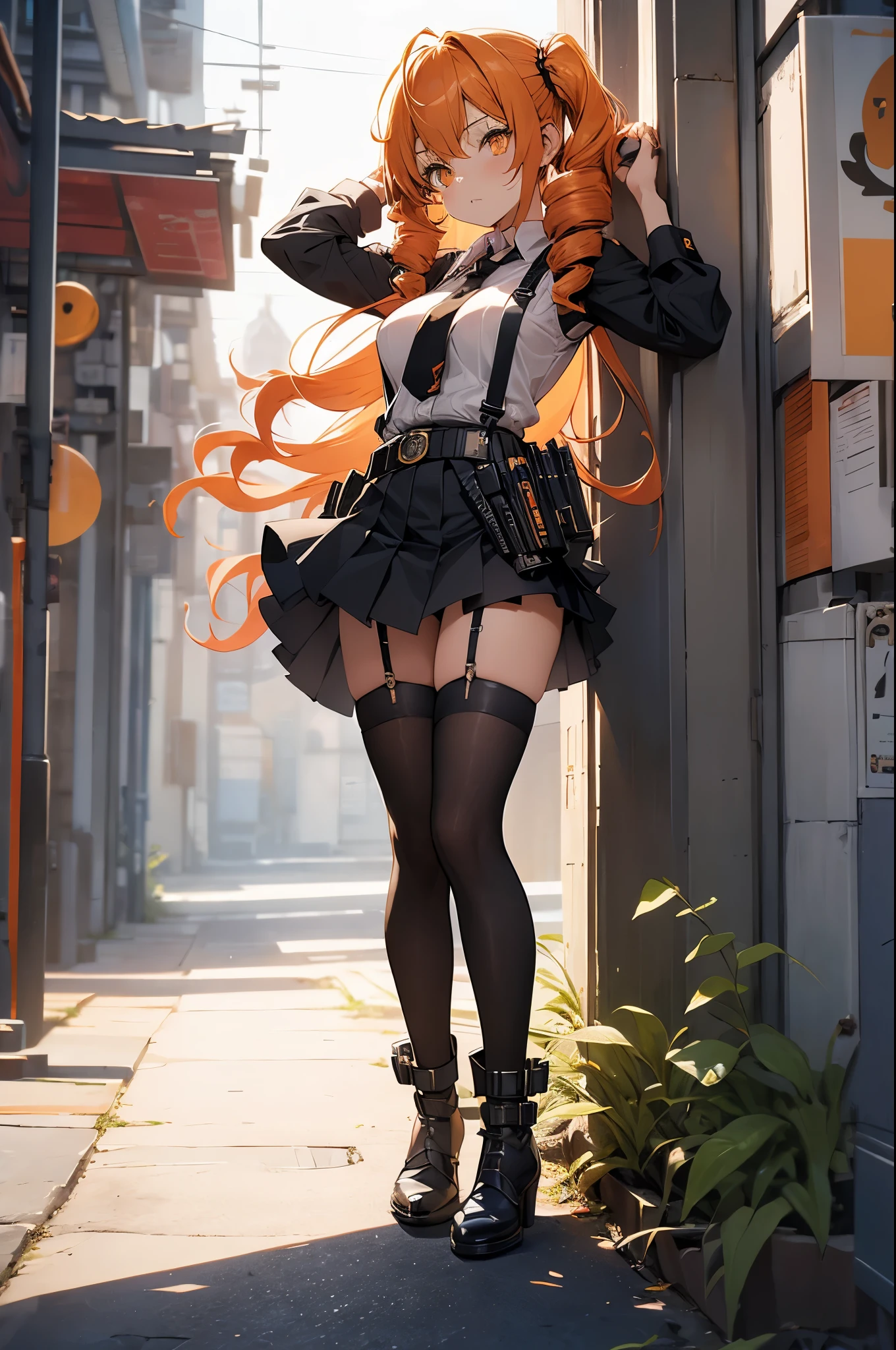 double drill hairs,orange hair,orange eyes,watching at viewers,black suspenders,Bulging big breasts,walls,Black miniskirt,garters,Gaze,Small face,bangss,holster,Belt Armament,Beautuful Women,srestrained,hands up,Leg,holster,,black boots,panty shot,black stockings