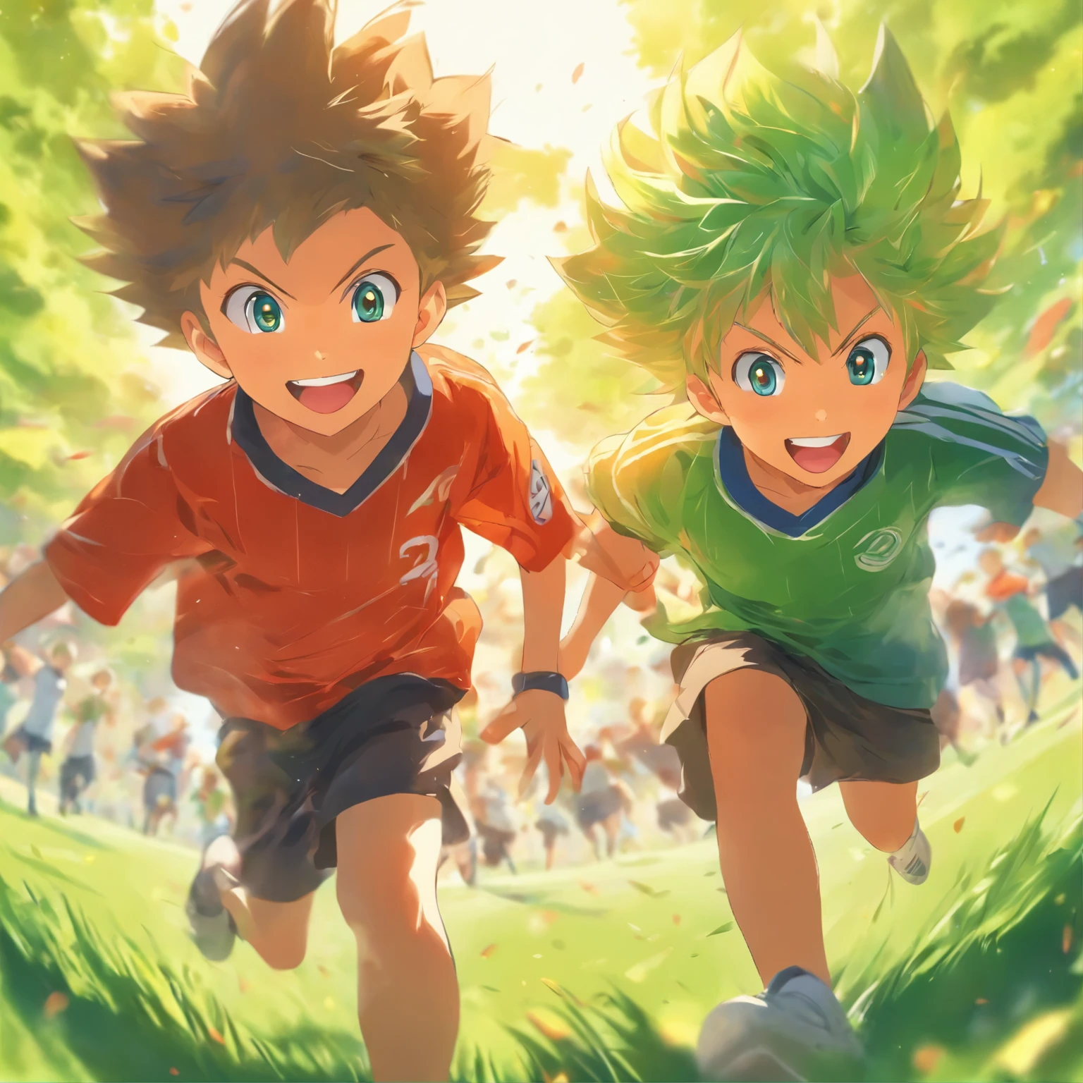 `(best quality, highres), detailed portrait, two cute little boys, bright and playful expressions, joyful atmosphere, vibrant colors, outdoor setting, sunny day, lush green grass, clear blue sky, adventurous spirit, energetic poses, mischievous smiles, casual clothing, fun activities, soccer ball, running and laughing, dynamic composition, realistic style, natural lighting`