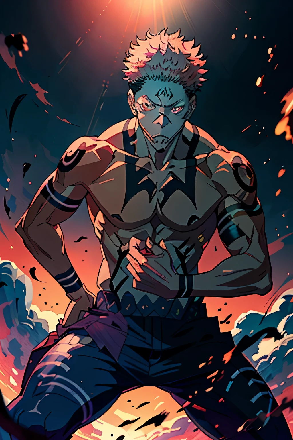 Ryomen Sukuna from Jujutsu Kaisen, an exquisite masterpiece of exaggerated action, showcases the masterful usage of realistic light and color. Picture his muscular form, every vein popping against his shining skin, bathed in the radiant illumination of the setting sun. The album covers capturing this breathtaking scene would be a sight to behold, boasting high resolution and vibrant hues that bring the spirit of Jujutsu Kaisen to life. The details, from the intricate pattern of his tattoos to the lifelike representation of his emotion-filled eyes, would be meticulously rendered in exemplary detail, making for an award-