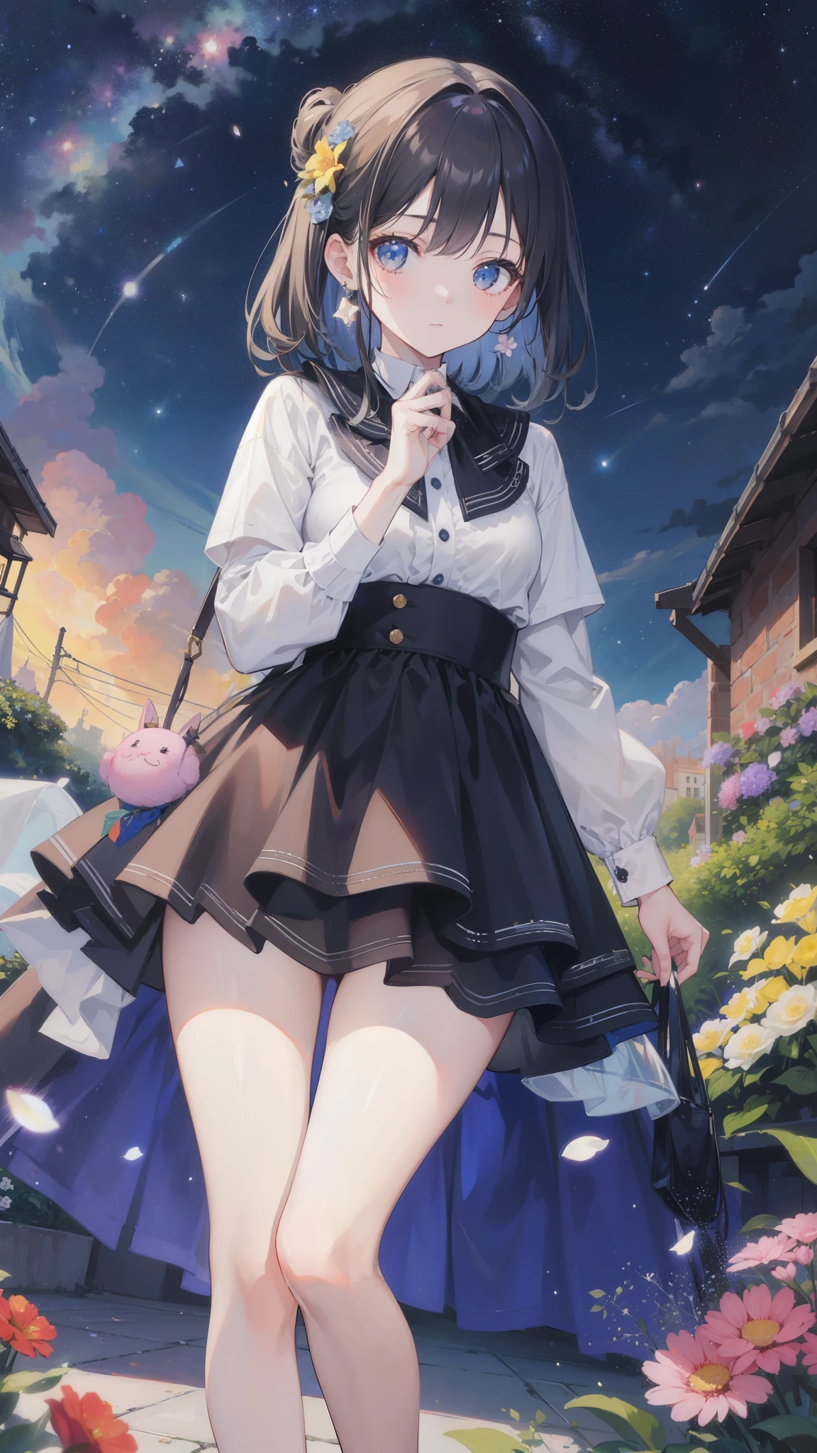 32k, highest quality, expensive_solve, clear_image, detailed background, girl, flower, garden, starry sky, Beautiful modeling,