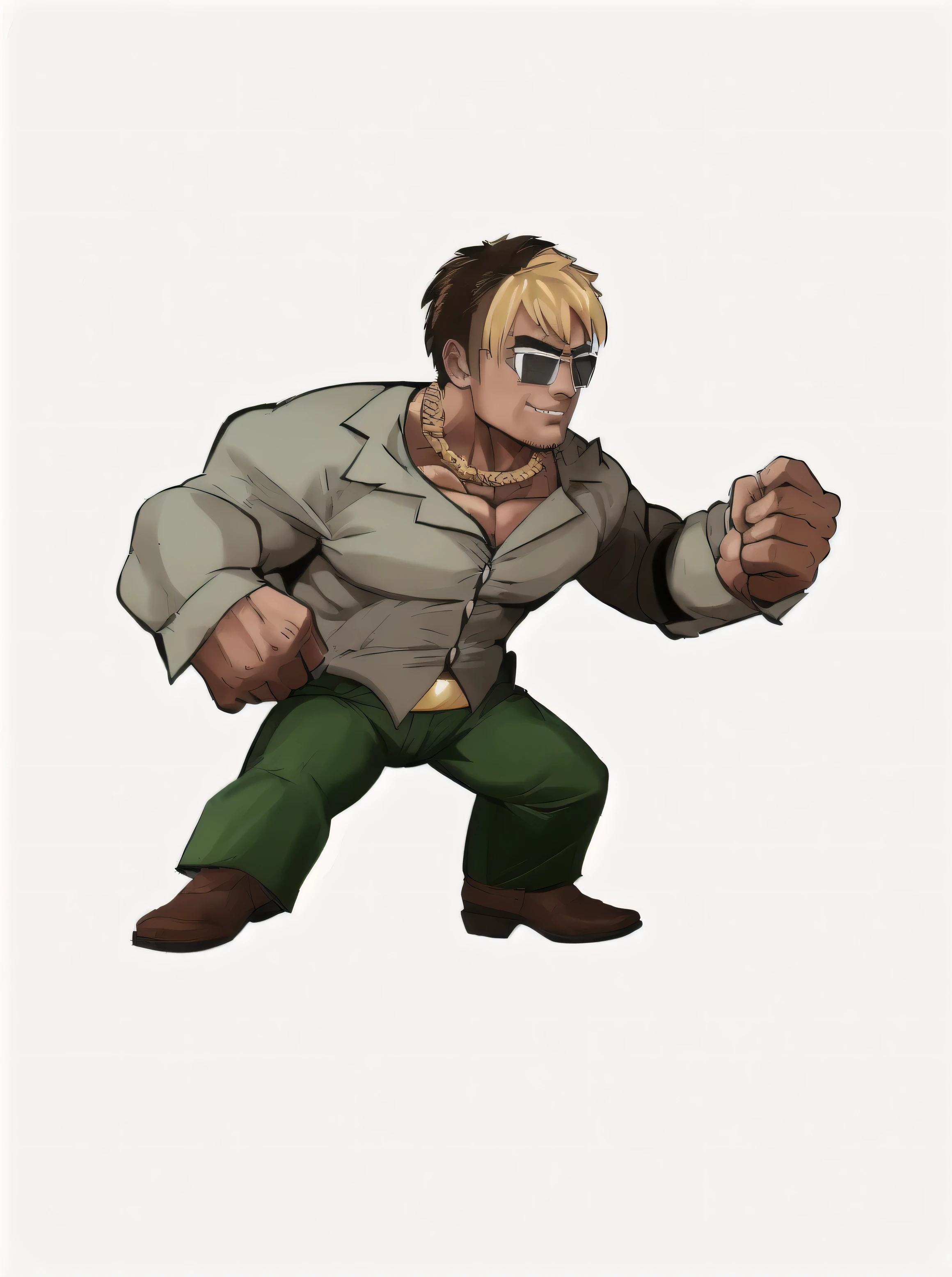 The prompt for generating an image of a smiling, muscular man with golden hair, wearing a grey shirt, green pants, and brown shoes is as follows:

"man with strong muscles, slim fit, green pants, grey shirt, brown shoes, golden hair, detailed eyes and lips, vibrant colors, shadows, highlights, gradients, cartoon, video game character, from the game 'King of Fighters', as a character in 'Tekken', portrayed by Joe Biden as JoJo, fighting game character, with a masculine and rugged demeanor, inspired by Gerald Depardieu as Varian, Varian as an armored titan, muscular personality"