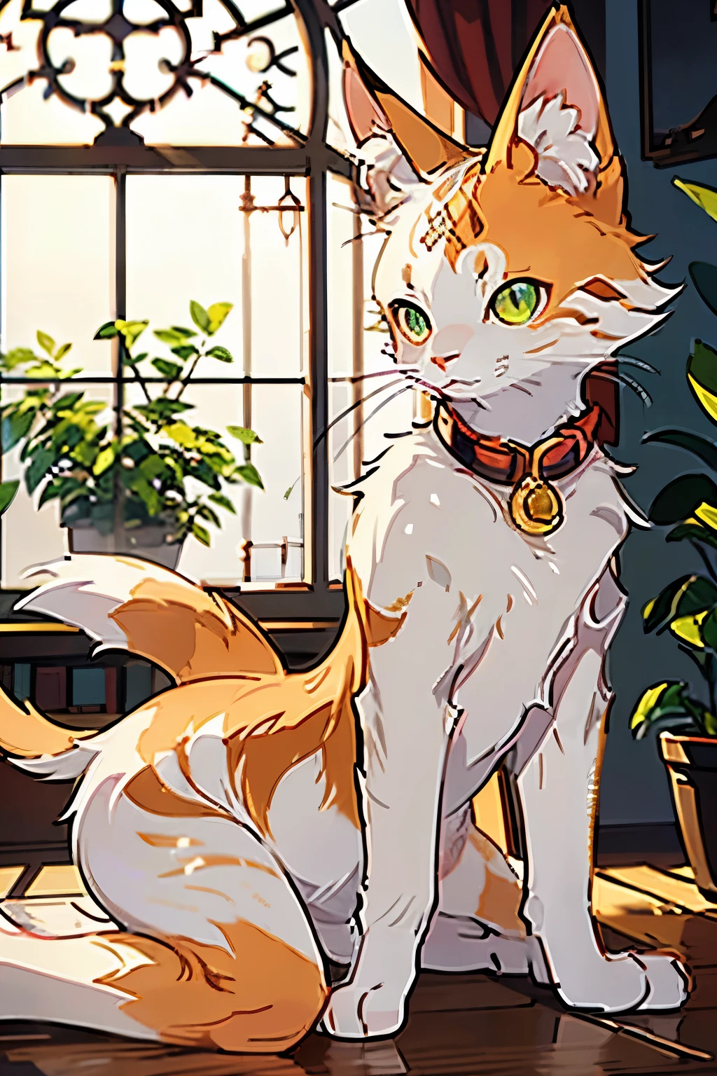 Picture Prompt: A calico puss, solo, playfully lounging on a sunlit windowsill, wearing a red bow on its collar, exuding irresistible charm and grace, in pristine high definition, hyper-realistic, ultra-detailed (shiny fur, twitching tail: 1.3), endearing, with vibrant green eyes that sparkle curiously, slender build, engaging expressions, fine nose, realistic whiskers, (pink nose tip: 0.8), indoor setting, garden view, sunlight streaming in, high-resolution, pin-sharp focus, soft depth of field, luminous eyes, clear pupils, big personality.
